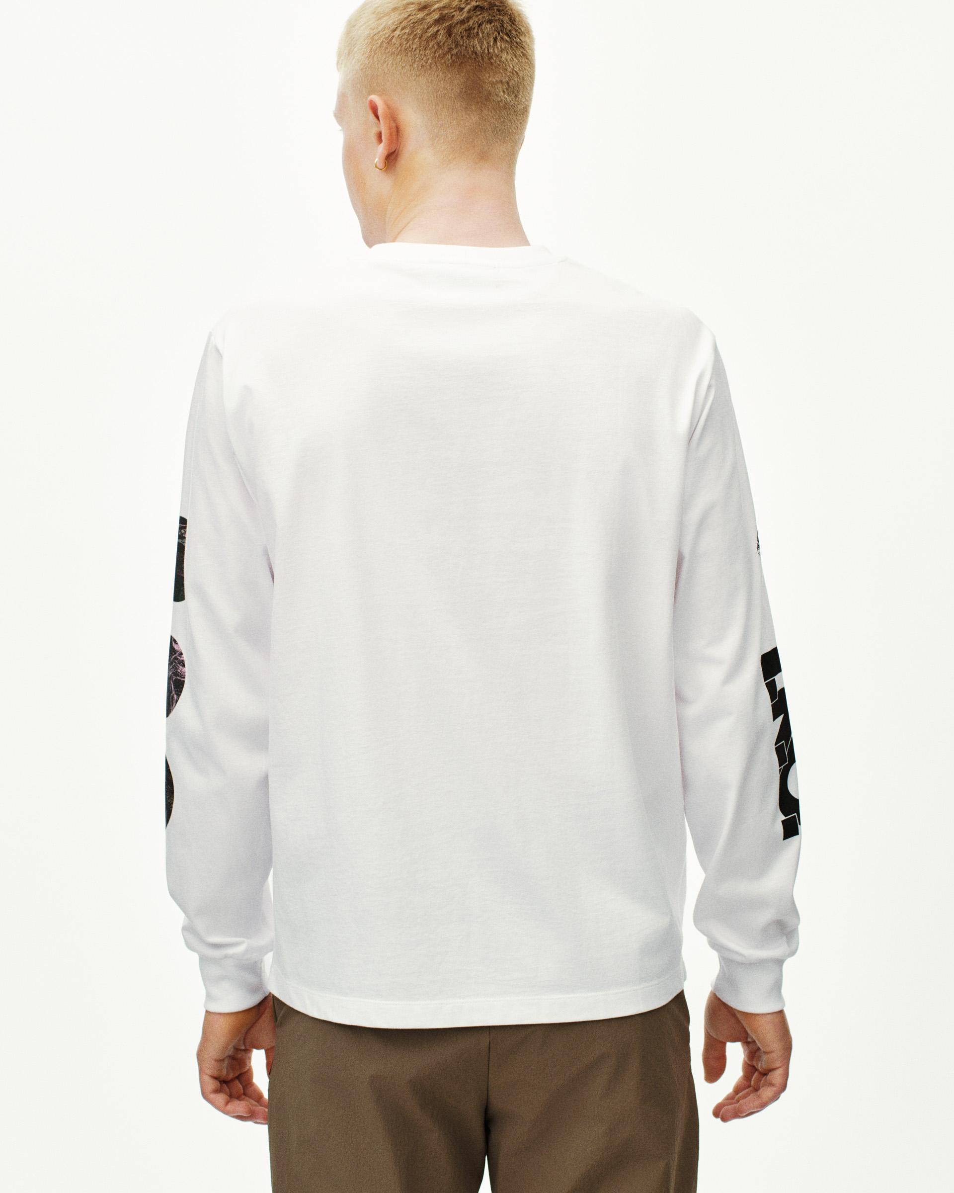 White T.K.O. Off-Race long sleeve T-shirt on model, rear view with graphic sleeve prints