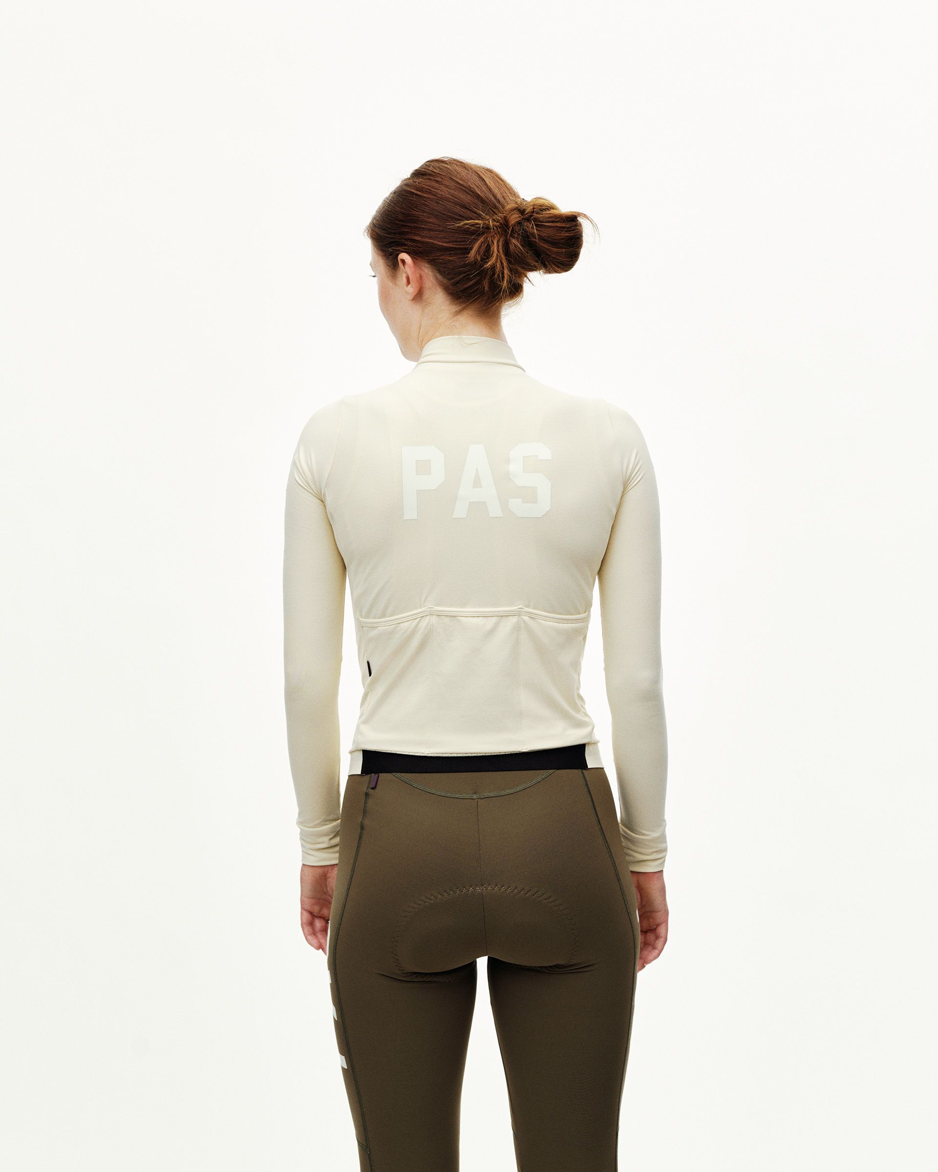 Sand PAS Mechanism long sleeve cycling jersey on model, rear view with tonal PAS back print