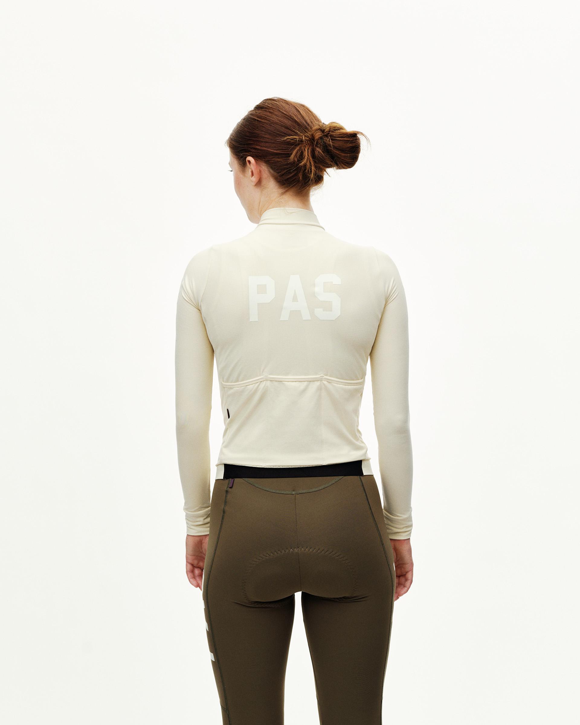 Sand PAS Mechanism long sleeve cycling jersey on model, rear view with tonal PAS back print