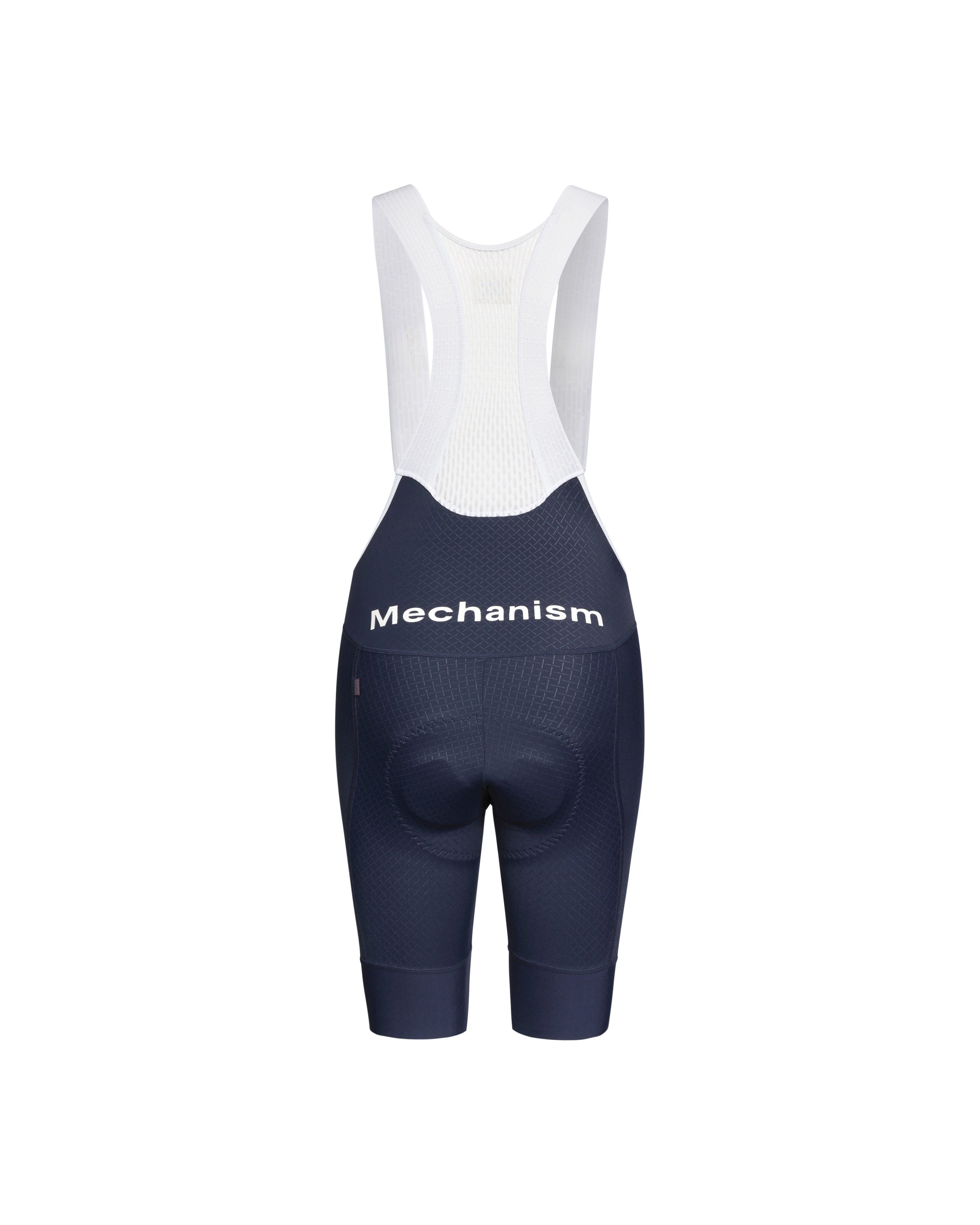 Navy Mechanism cycling bibs, rear flat lay with white logo on lower back
