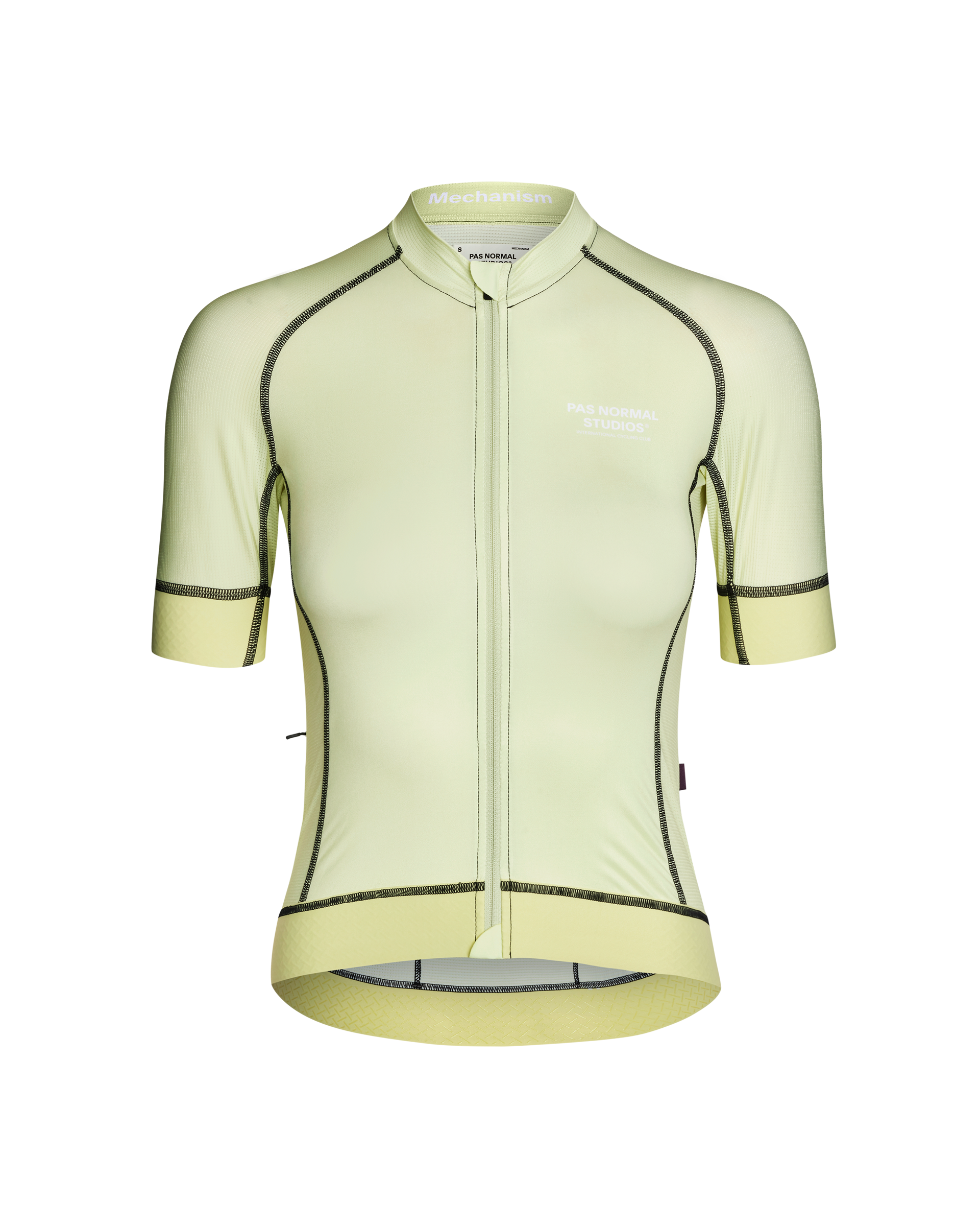 Green Mechanism cycling jersey, front view with black contrast stitching and panels