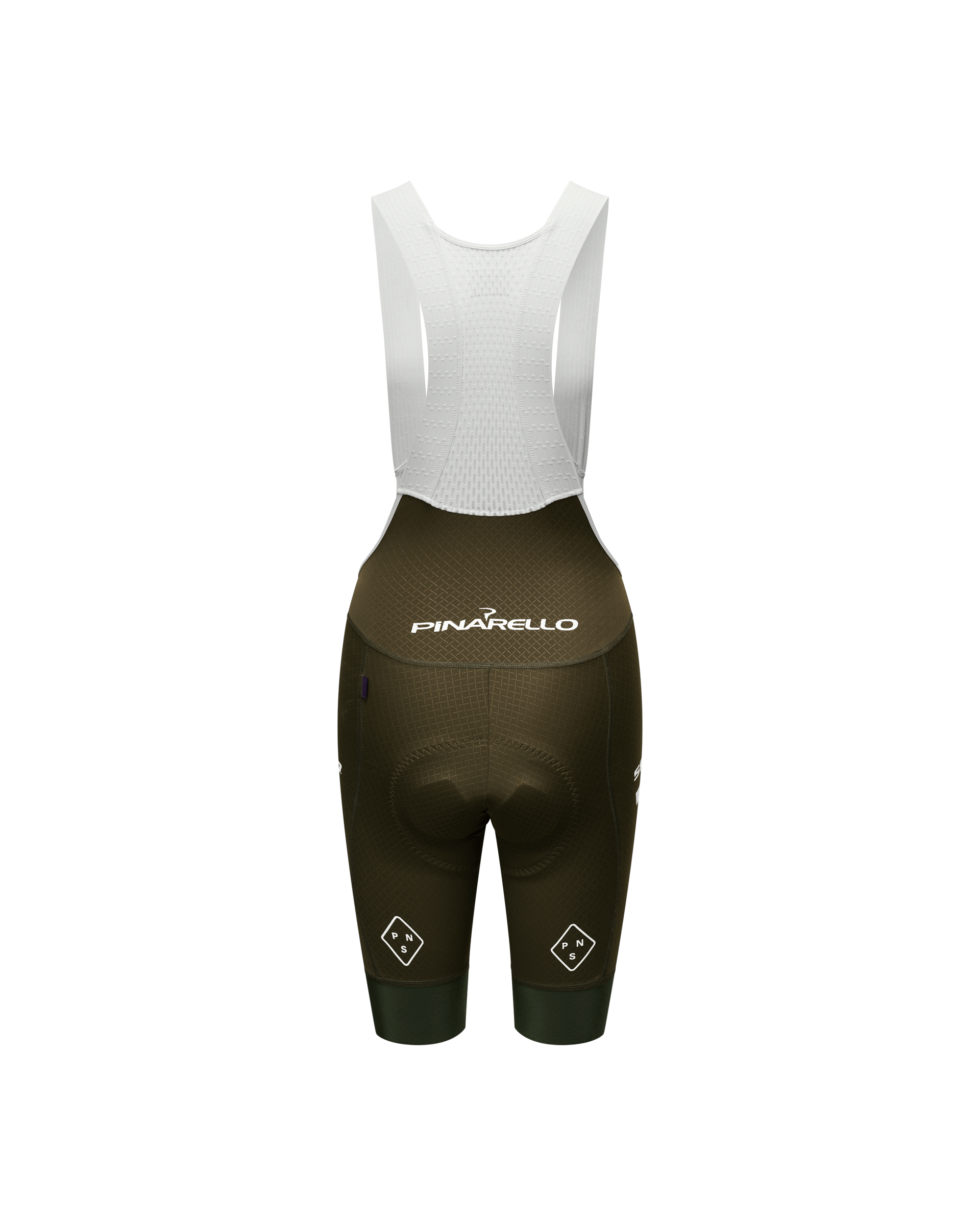 Dark Olive STFR Mechanism cycling bibs, rear view with white chest panel and logo prints