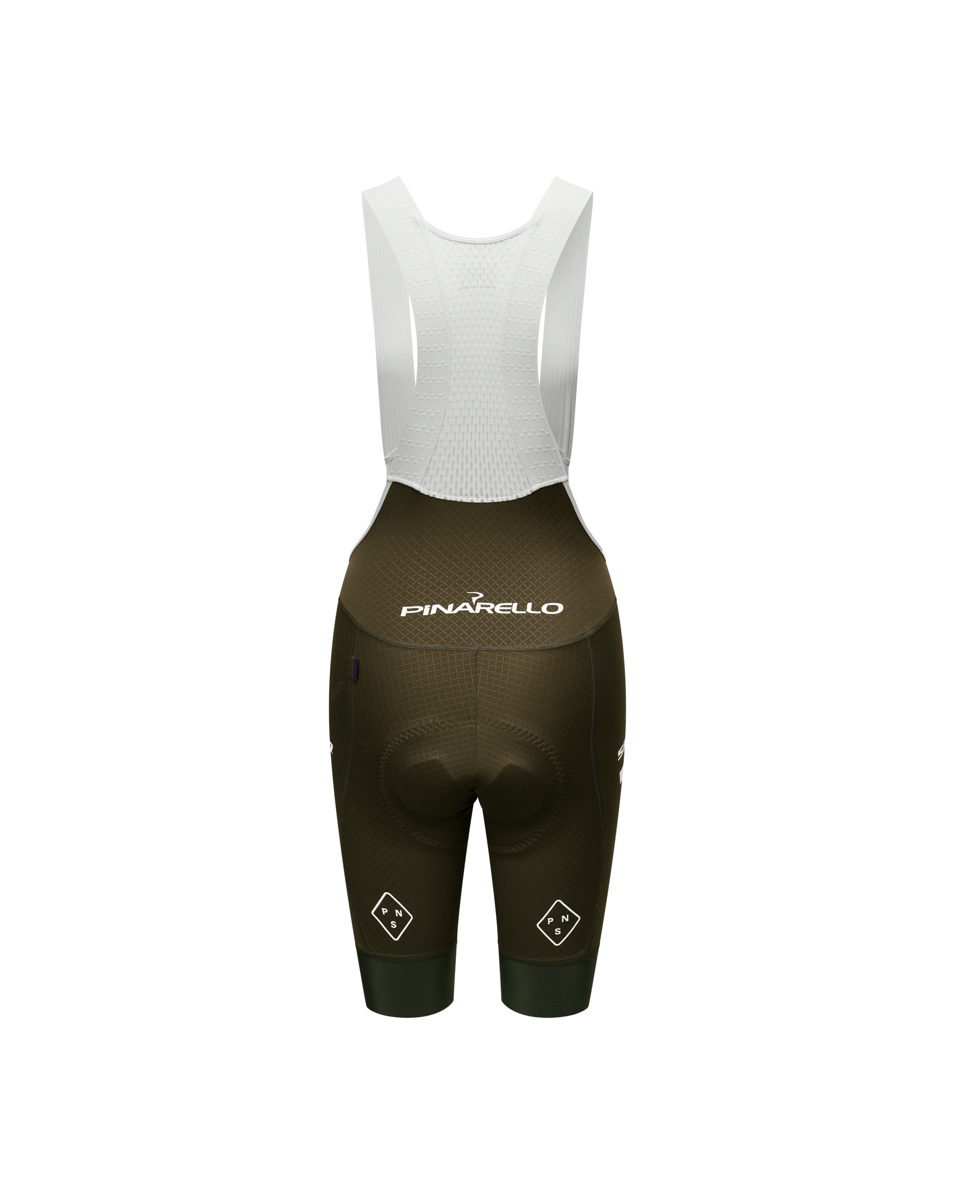 Dark Olive STFR Mechanism cycling bibs, rear view with white chest panel and logo prints