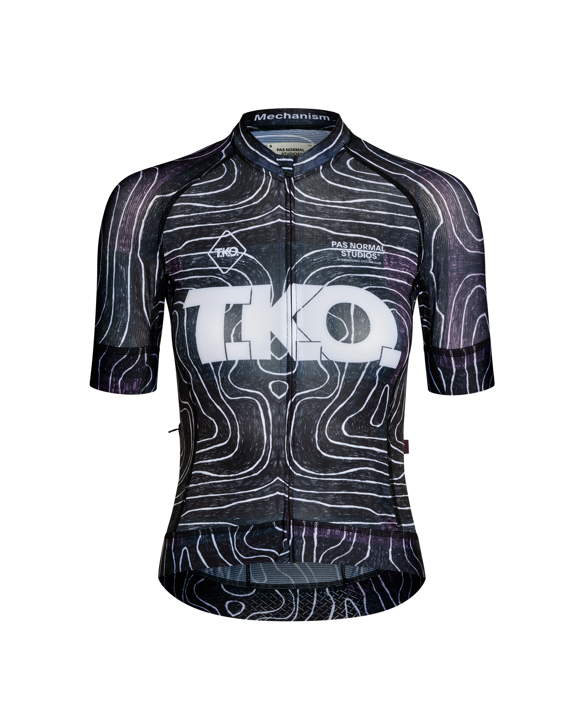 Black T.K.O. Mechanism cycling jersey, front flat lay with topographic line print and white chest logo
