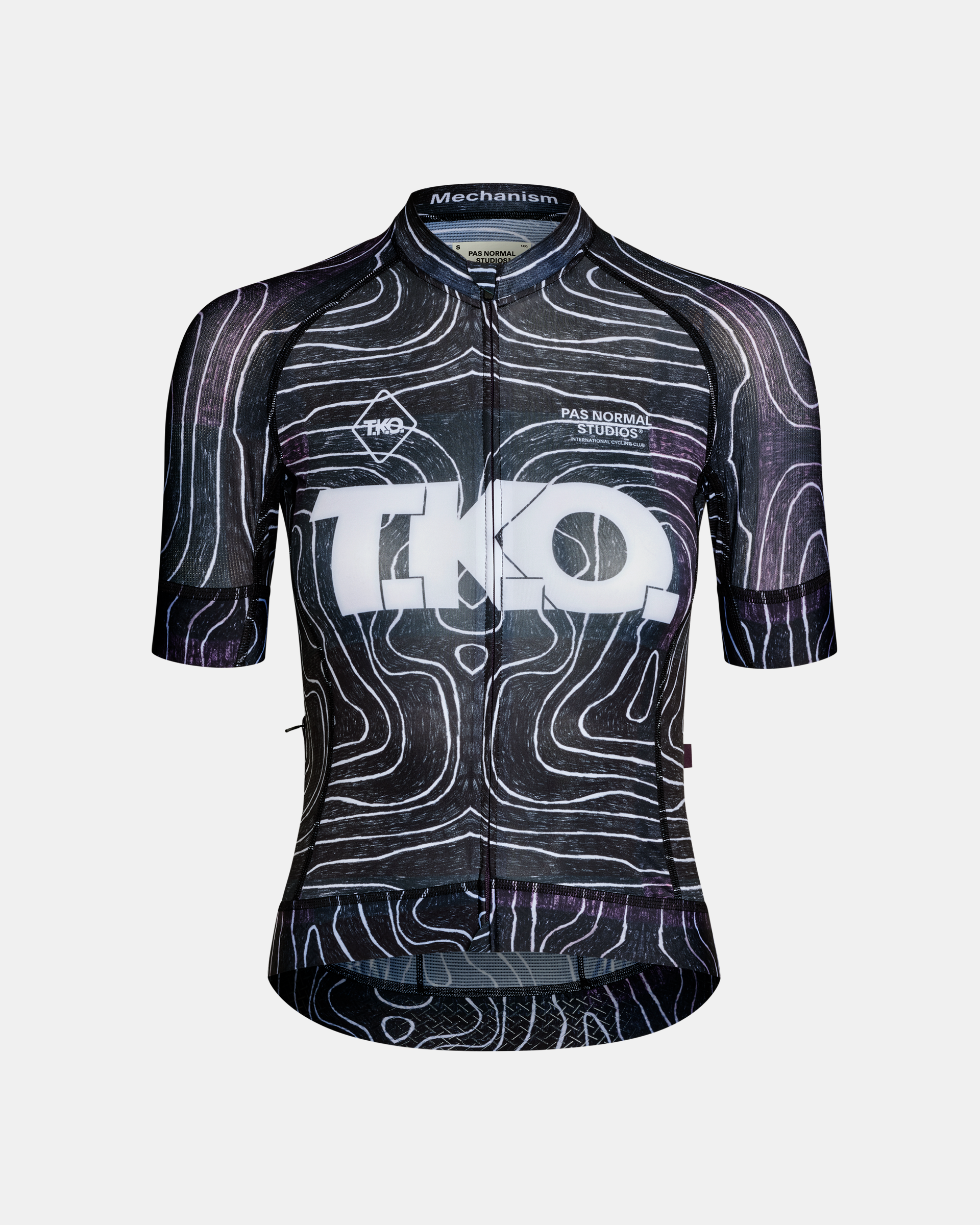 Black T.K.O. Mechanism cycling jersey, front flat lay with topographic line print and white chest logo