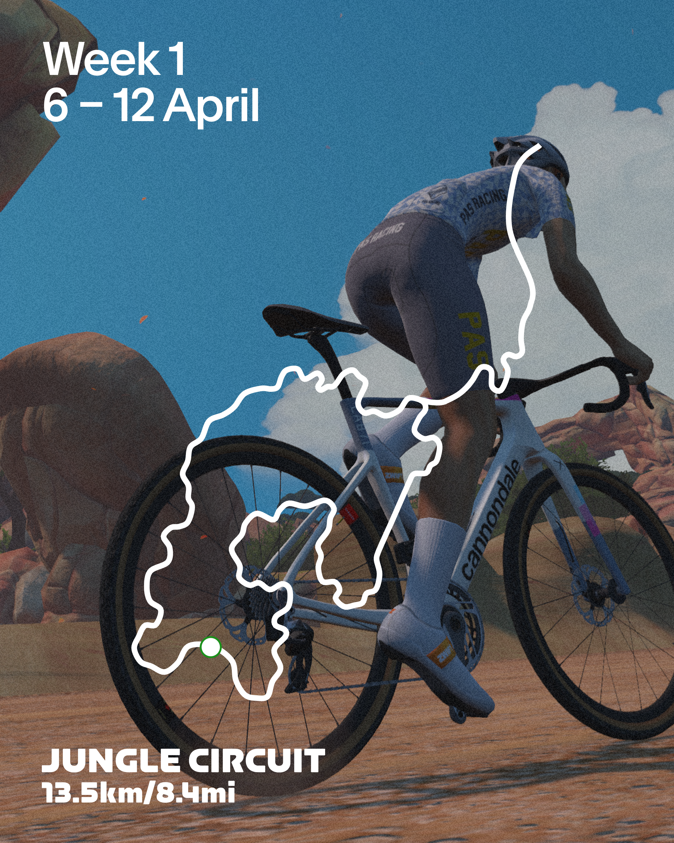 Cyclist on time trial bike in desert landscape with route map overlay for Jungle Circuit week 1
