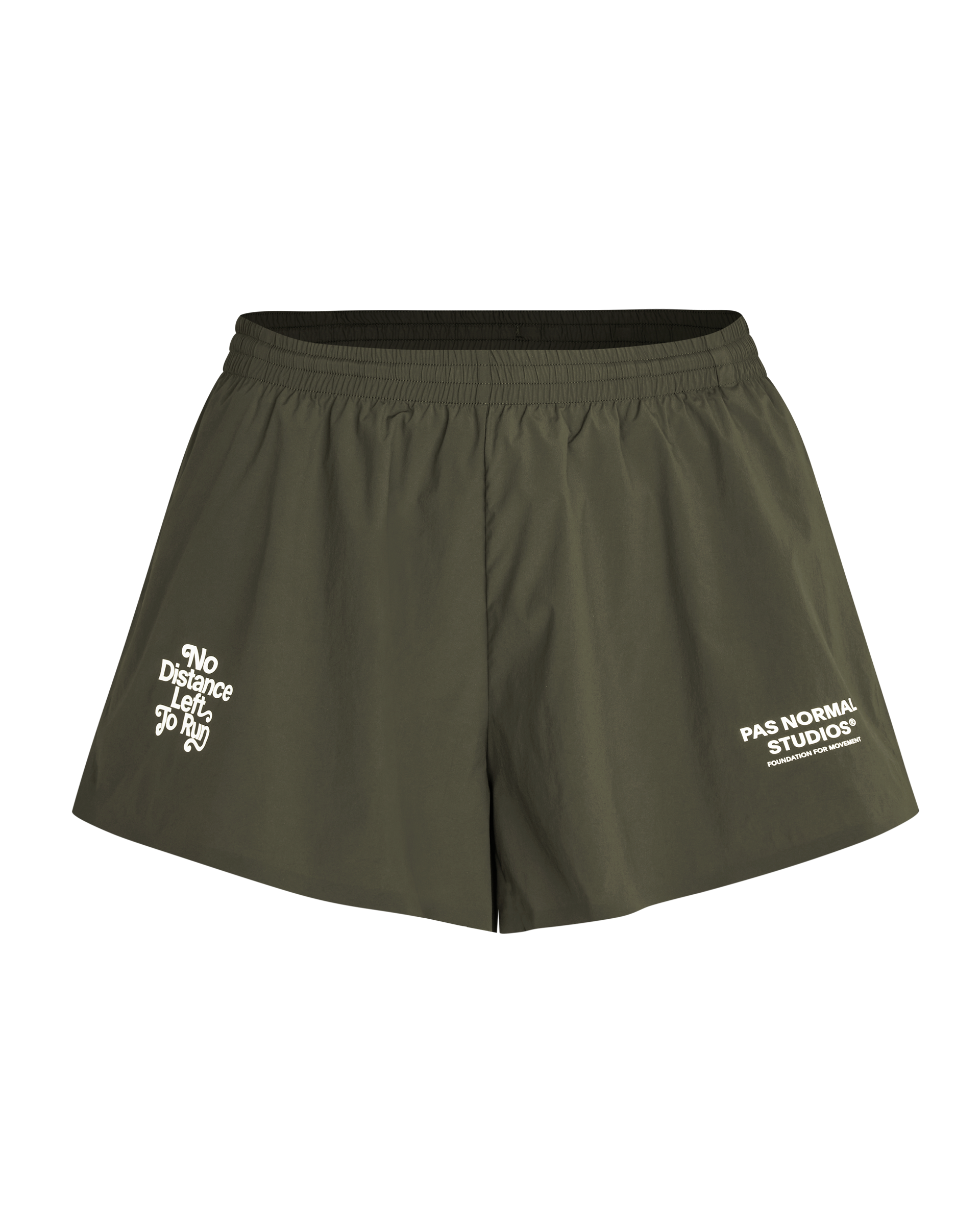 Dark Olive Balance women's shorts, front flat lay with white graphic prints on both legs