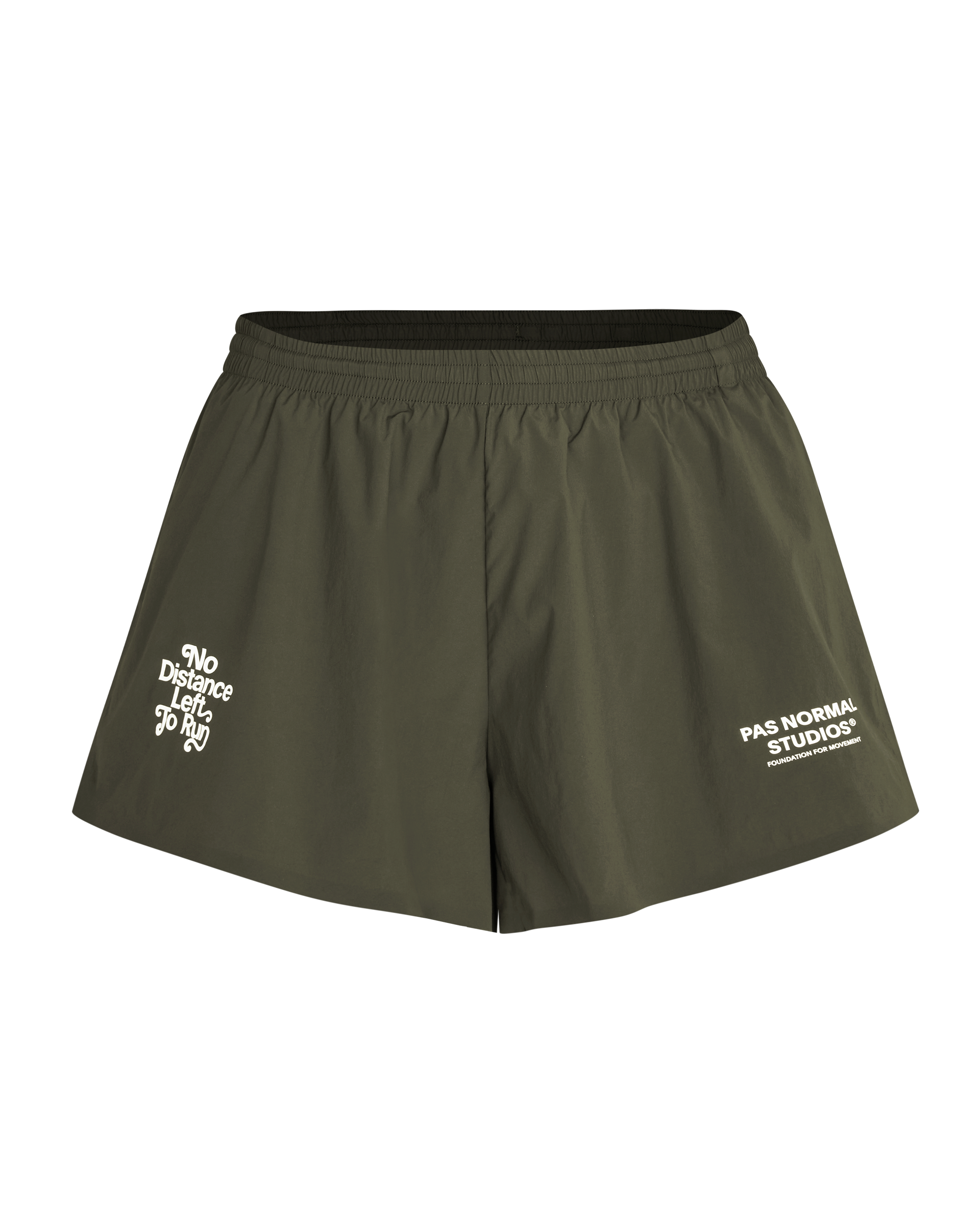 Dark Olive Balance women's shorts, front flat lay with white graphic prints on both legs