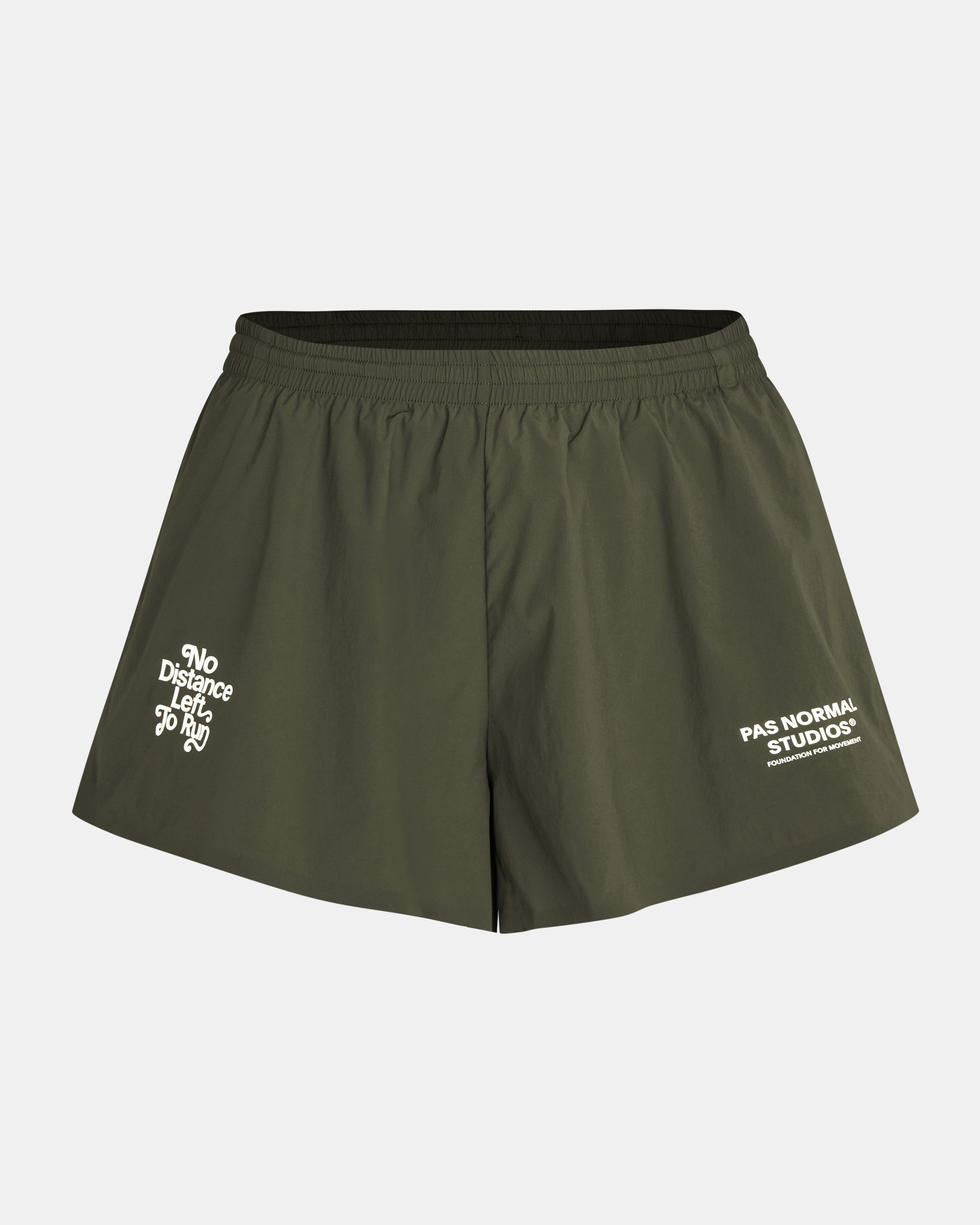 Dark Olive Balance women's shorts, front flat lay with white graphic prints on both legs