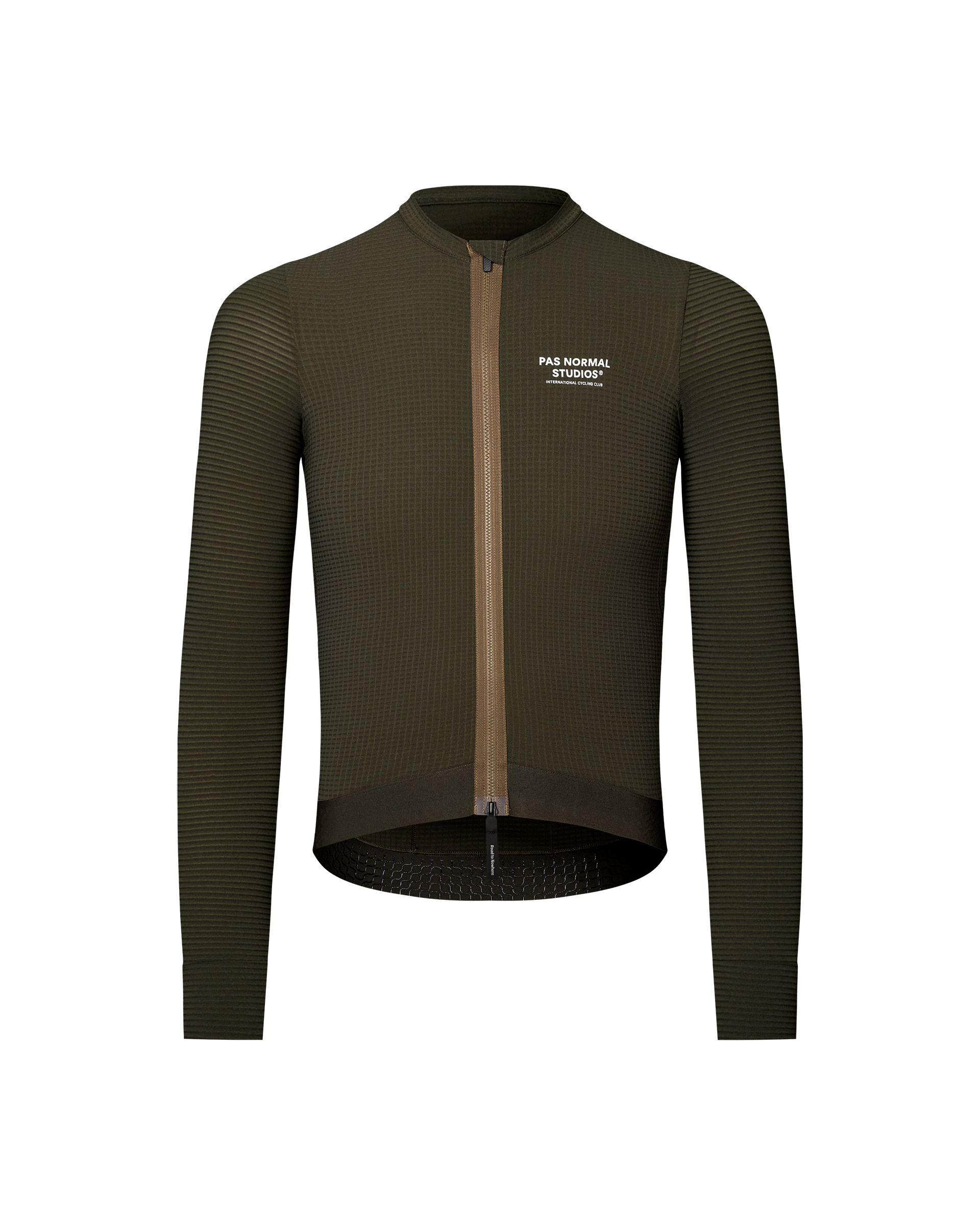 Dark Olive Escapism long sleeve cycling jersey, front flat lay with ribbed texture and tan zip