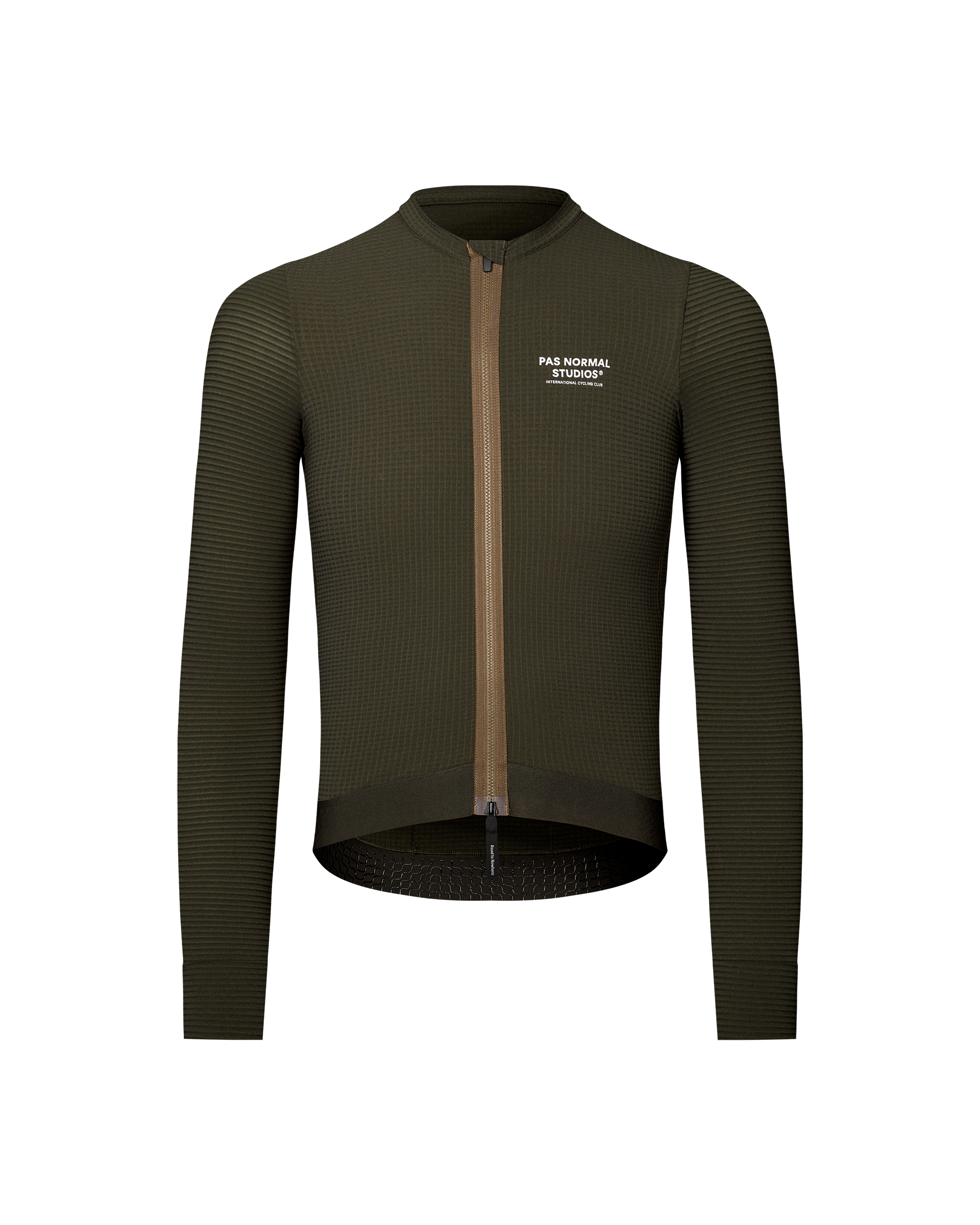 Dark Olive Escapism long sleeve cycling jersey, front flat lay with ribbed texture and tan zip