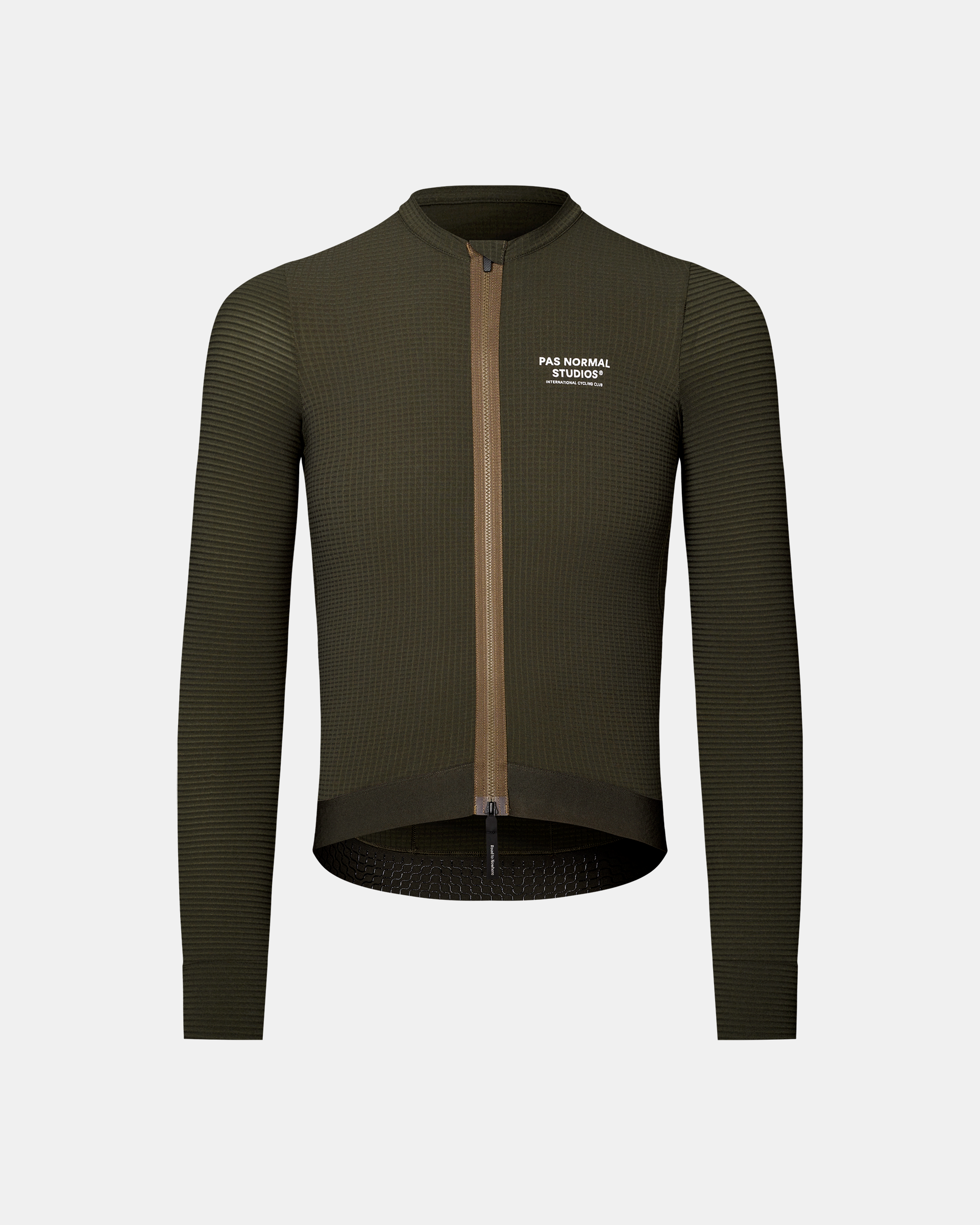 Dark Olive Escapism long sleeve cycling jersey, front flat lay with ribbed texture and tan zip