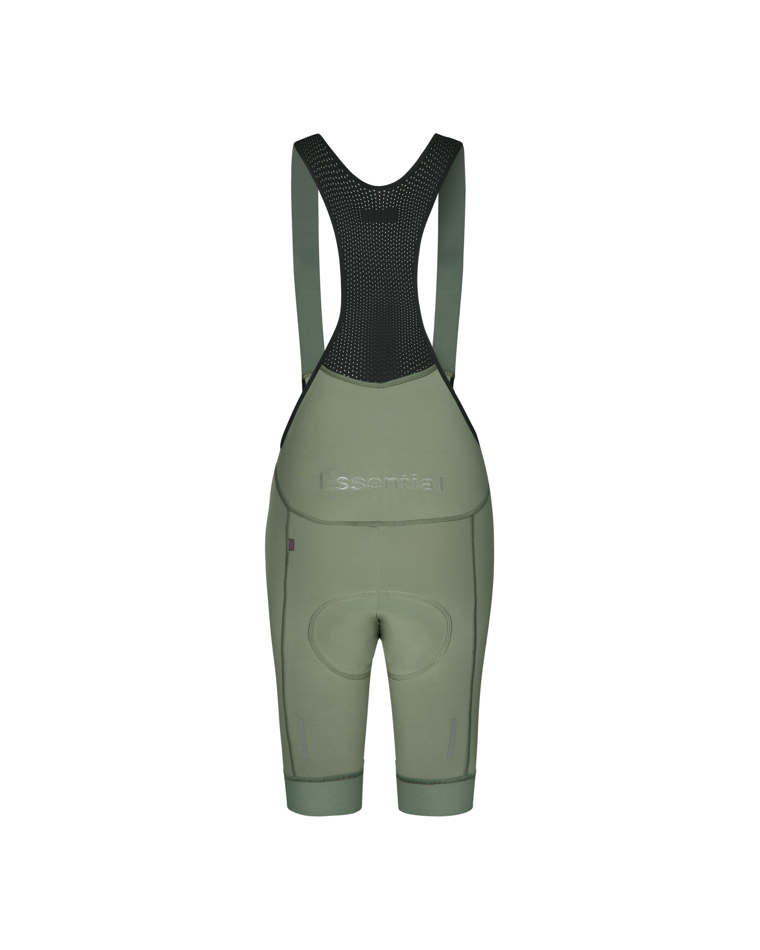 Green Essential Thermal cycling bibs, rear flat lay with mesh bib straps and embossed waistband text