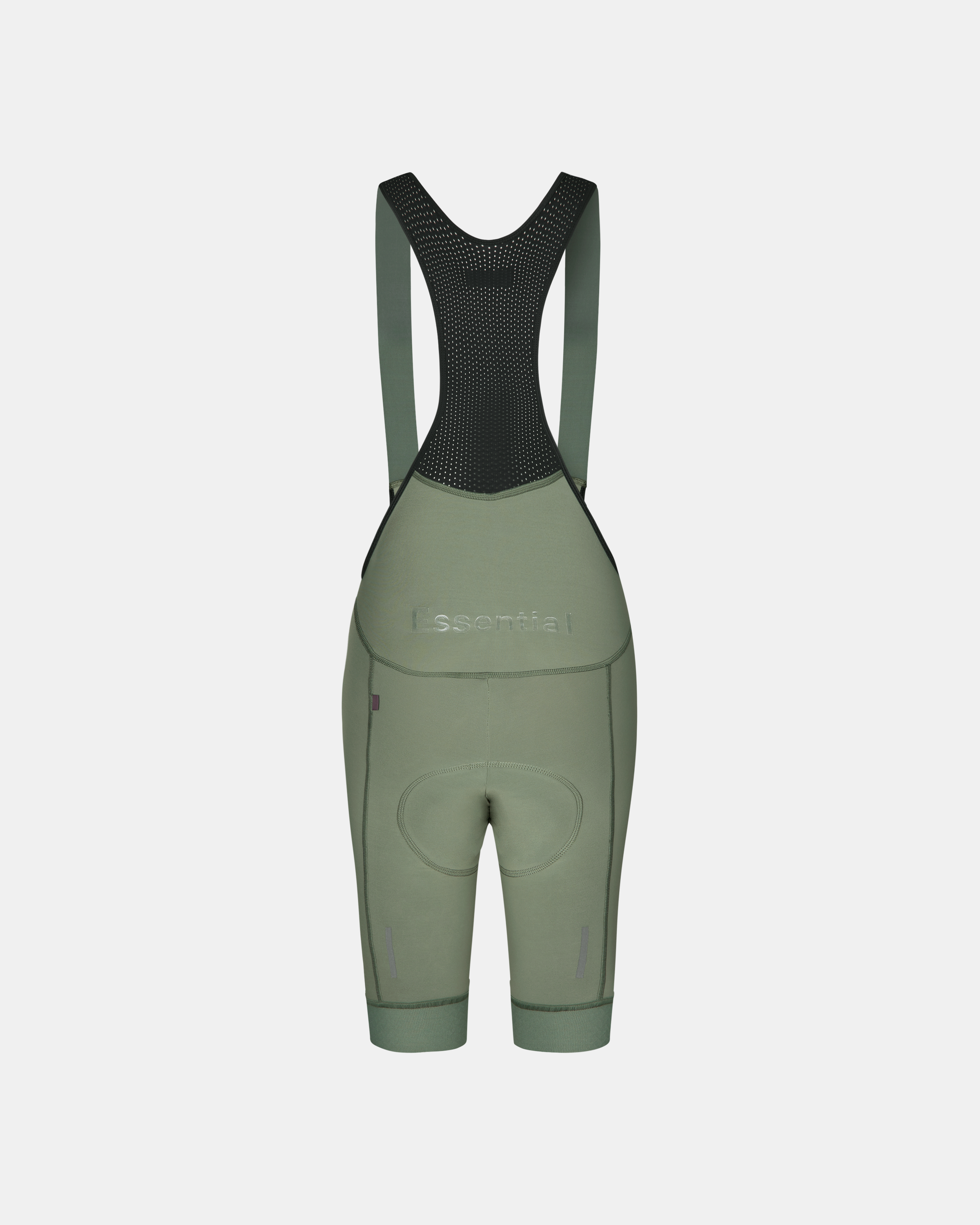 Green Essential Thermal cycling bibs, rear flat lay with mesh bib straps and embossed waistband text