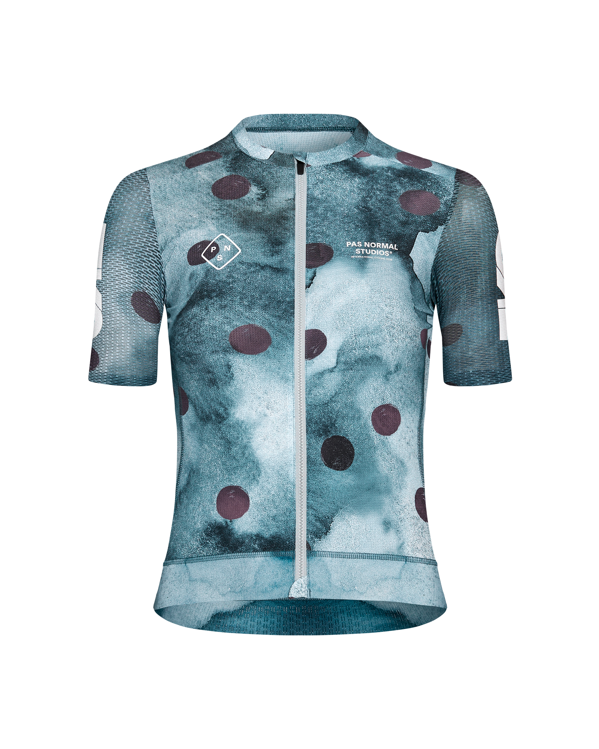 Purple T.K.O. Essential Light cycling jersey, front view with polka dot print and mesh sleeves