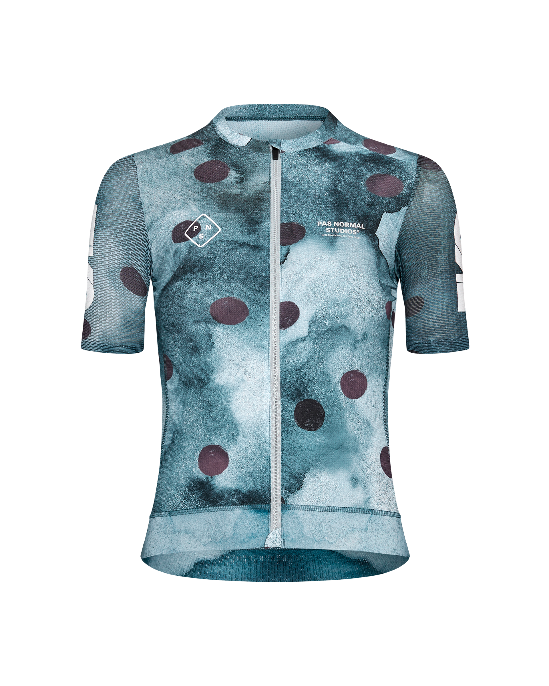 Purple T.K.O. Essential Light cycling jersey, front view with polka dot print and mesh sleeves