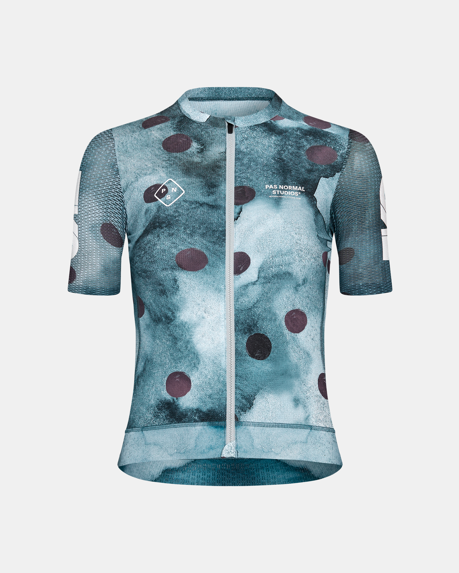 Purple T.K.O. Essential Light cycling jersey, front view with polka dot print and mesh sleeves