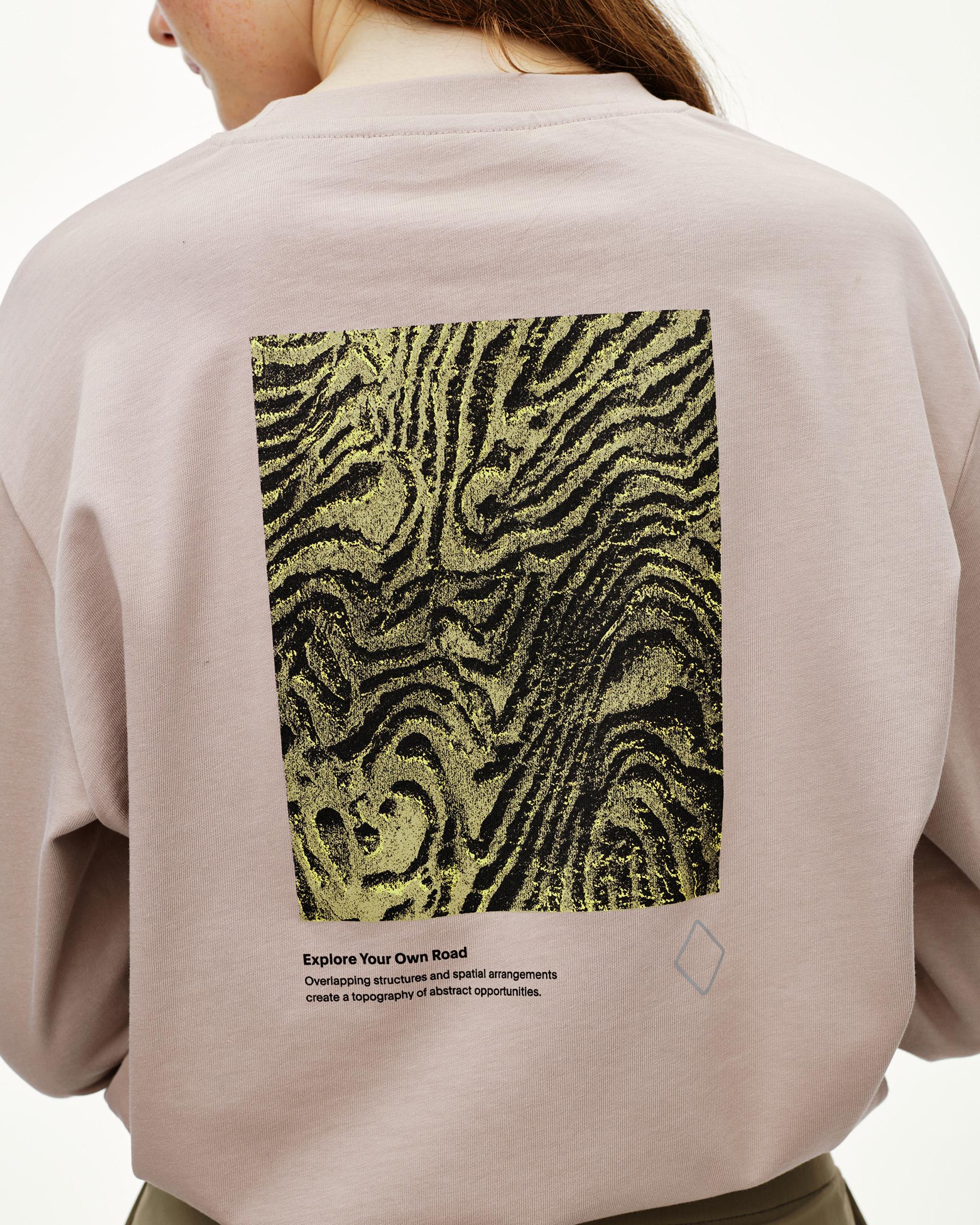 Haze purple Off-Race long sleeve graphic T-shirt, rear view on model with abstract topographic back print