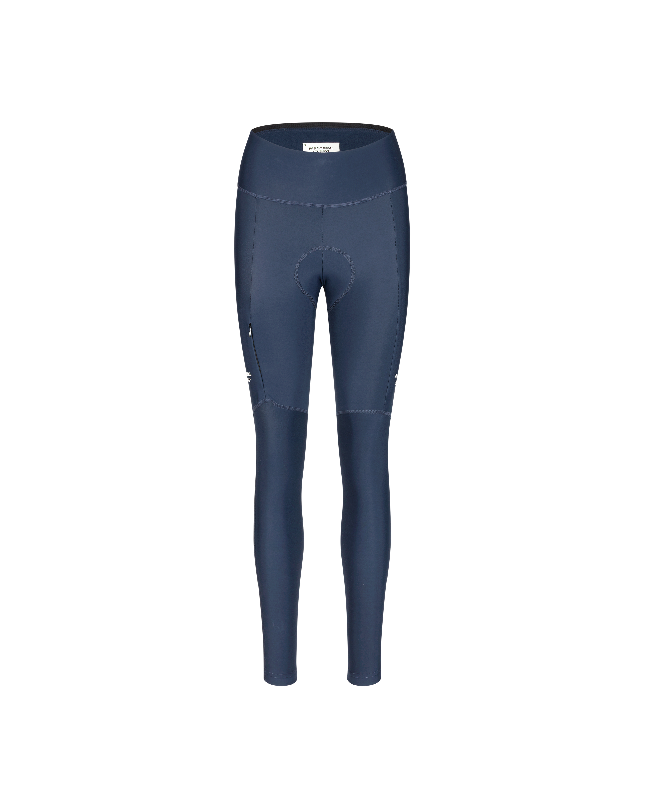 Navy Essential Thermal Long cycling tights, front flat lay with high waistband and white logo