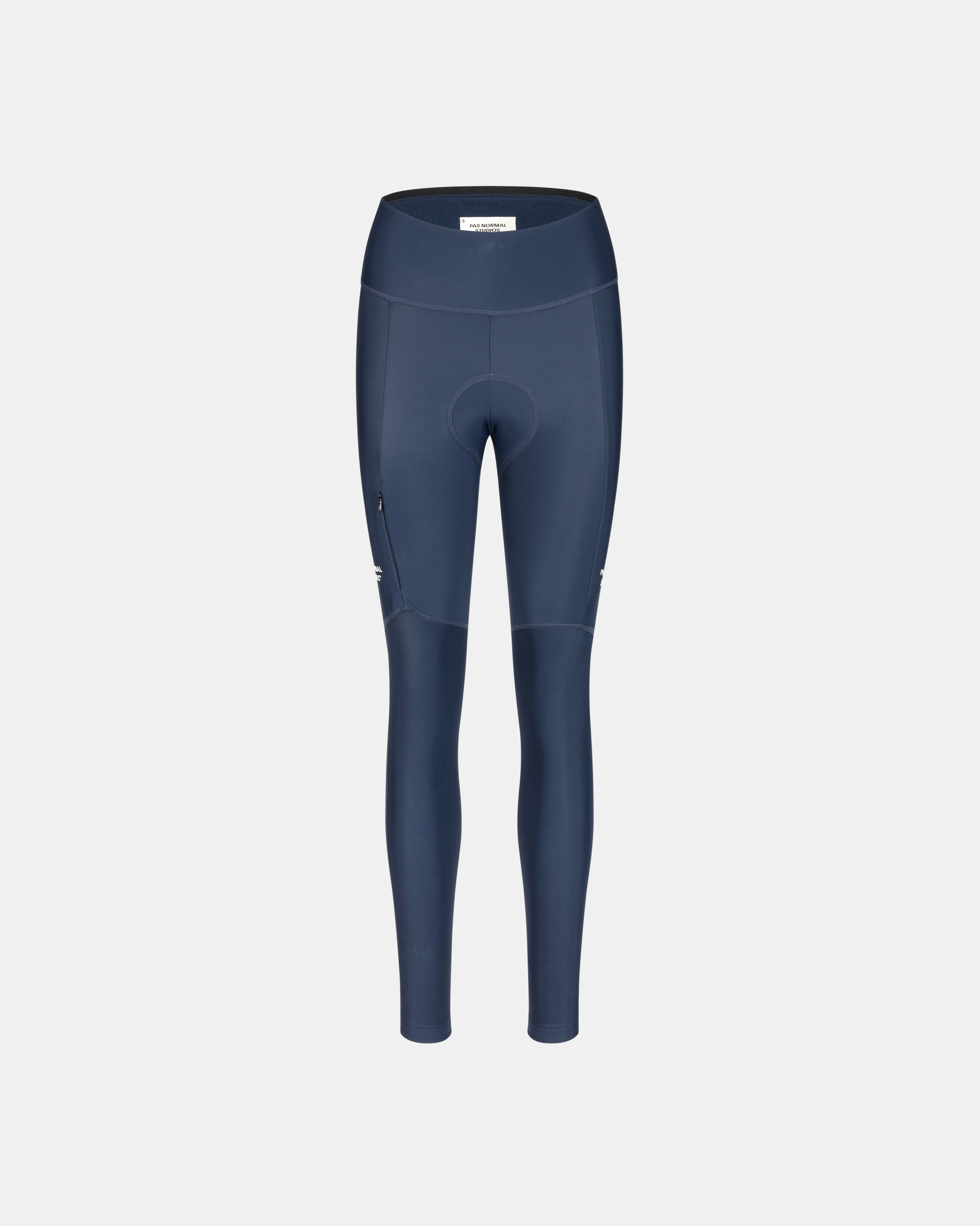Navy Essential Thermal Long cycling tights, front flat lay with high waistband and white logo