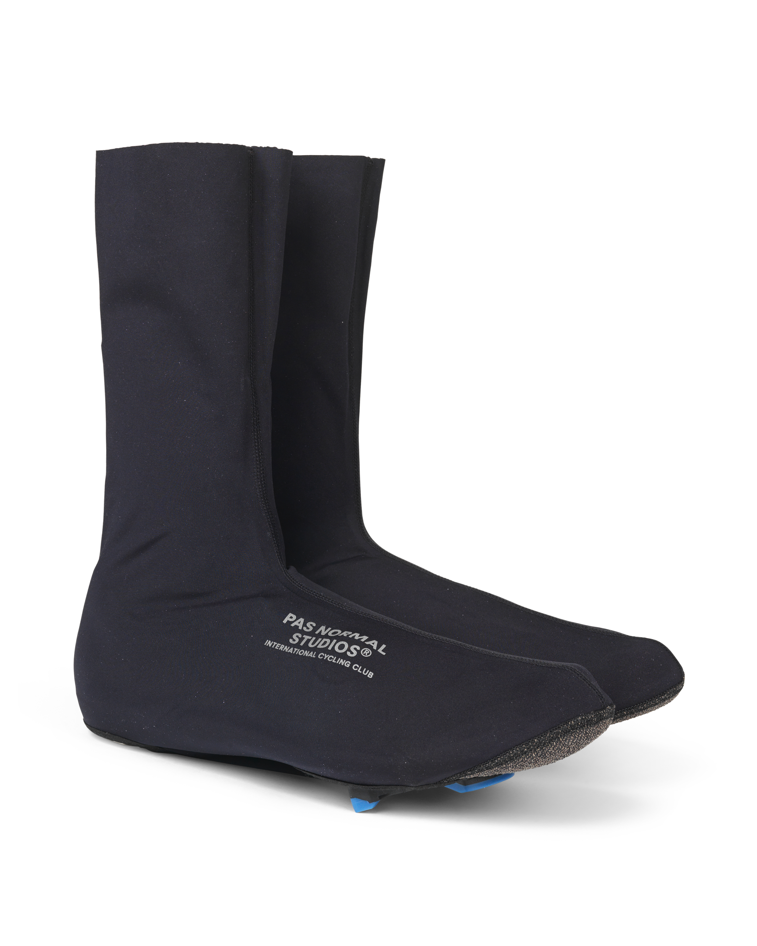 Black Logo Light overshoes, side view pair with textured sole and white branding