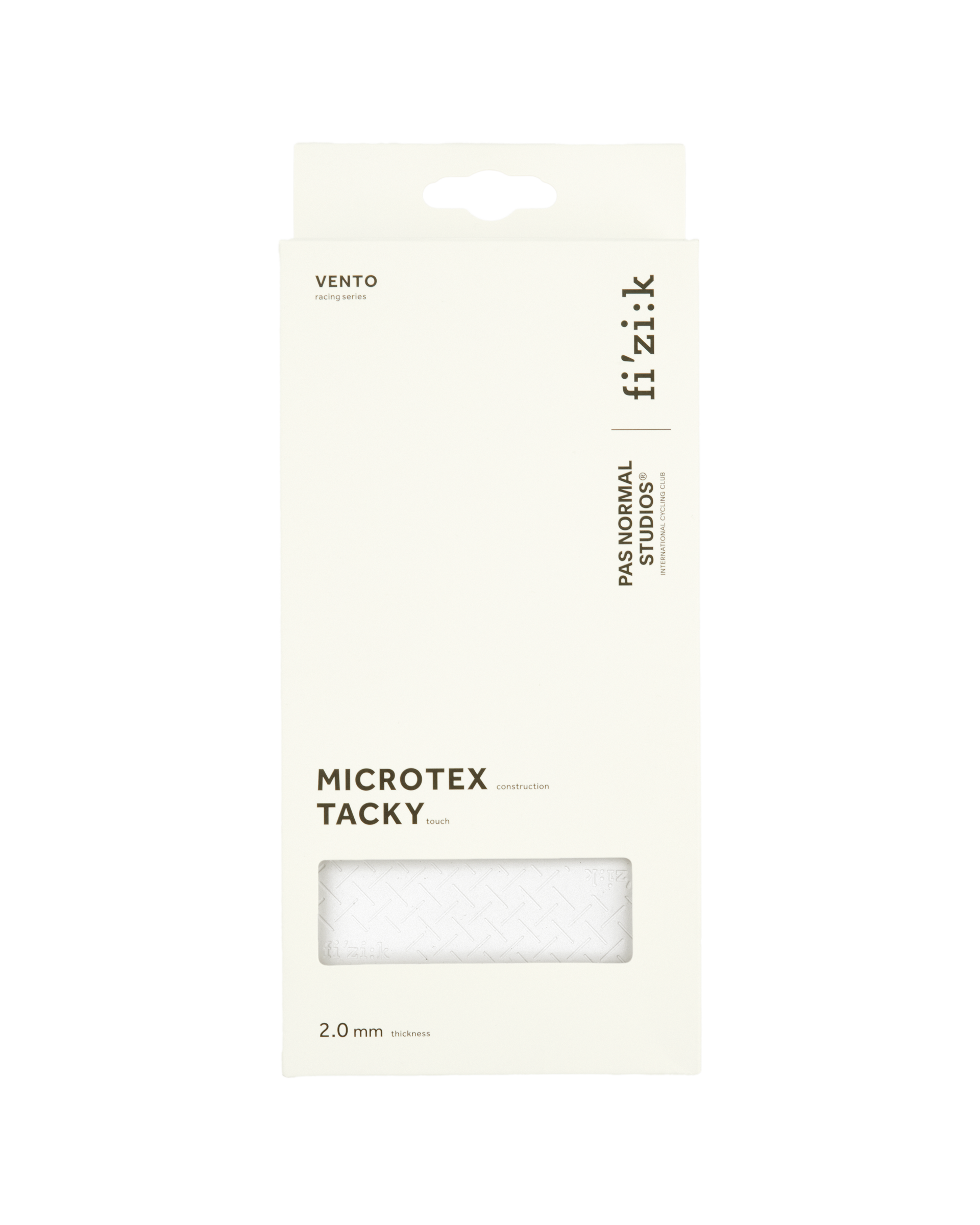 White Fizik bar tape flat lay with microtex tacky construction and 2.0mm thickness specification