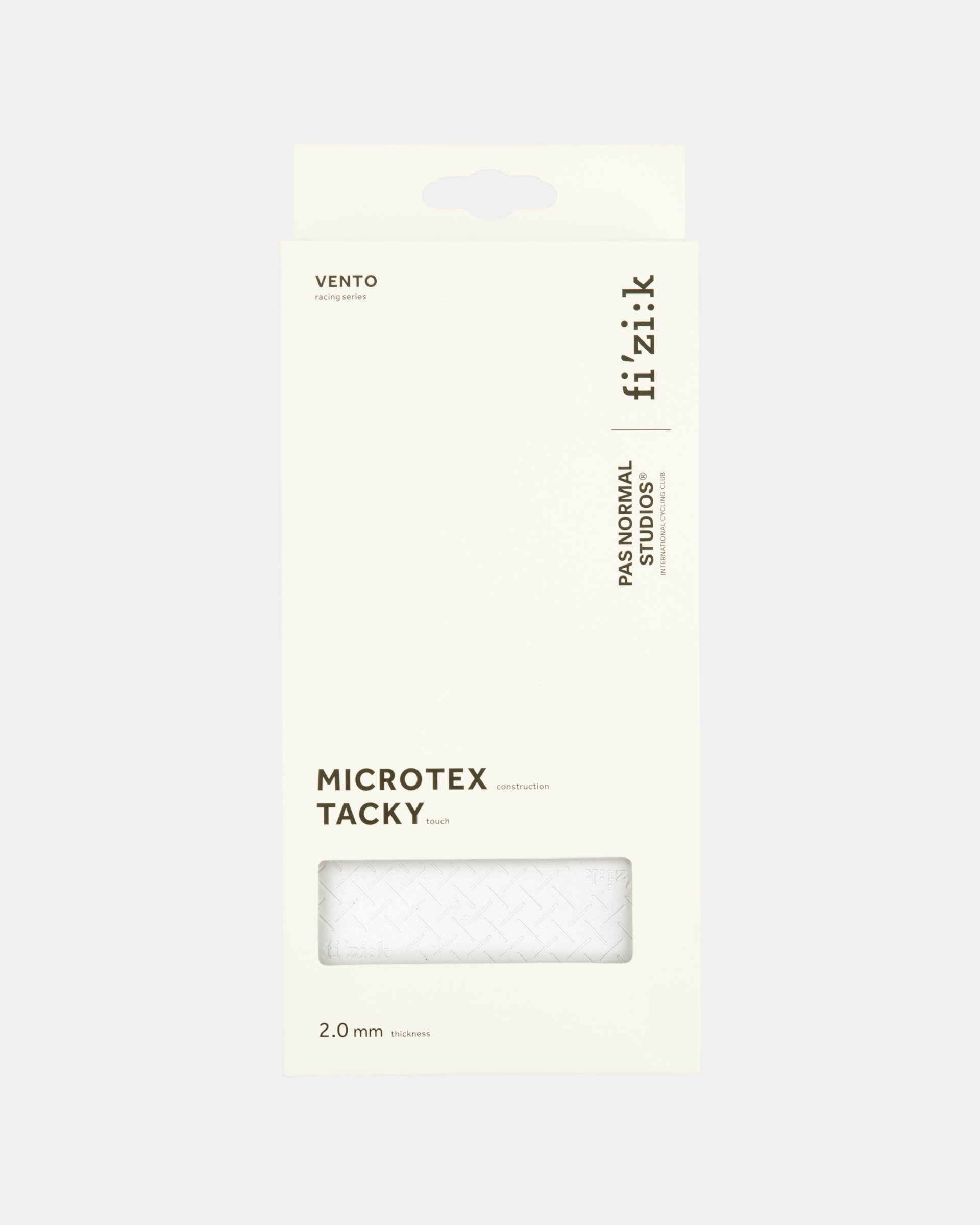 White Fizik bar tape flat lay with microtex tacky construction and 2.0mm thickness specification