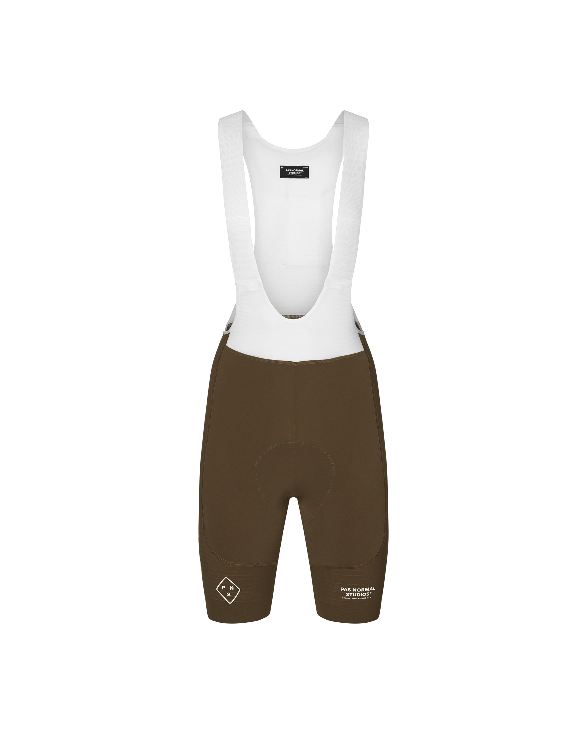 Dark Earth brown PAS Mechanism Pro cycling bibs, front flat lay with white mesh bib panel and logo hem print