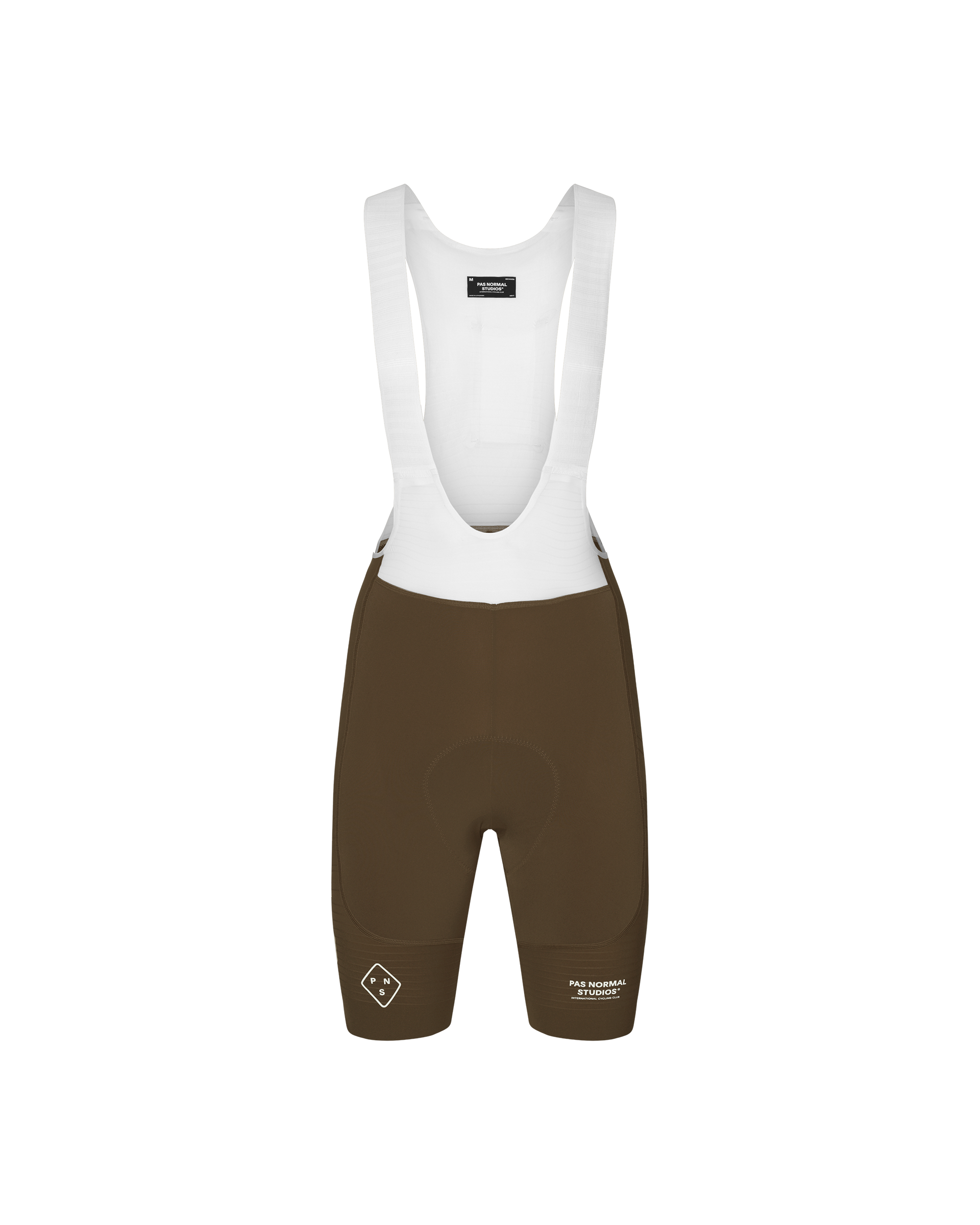 Dark Earth brown PAS Mechanism Pro cycling bibs, front flat lay with white mesh bib panel and logo hem print