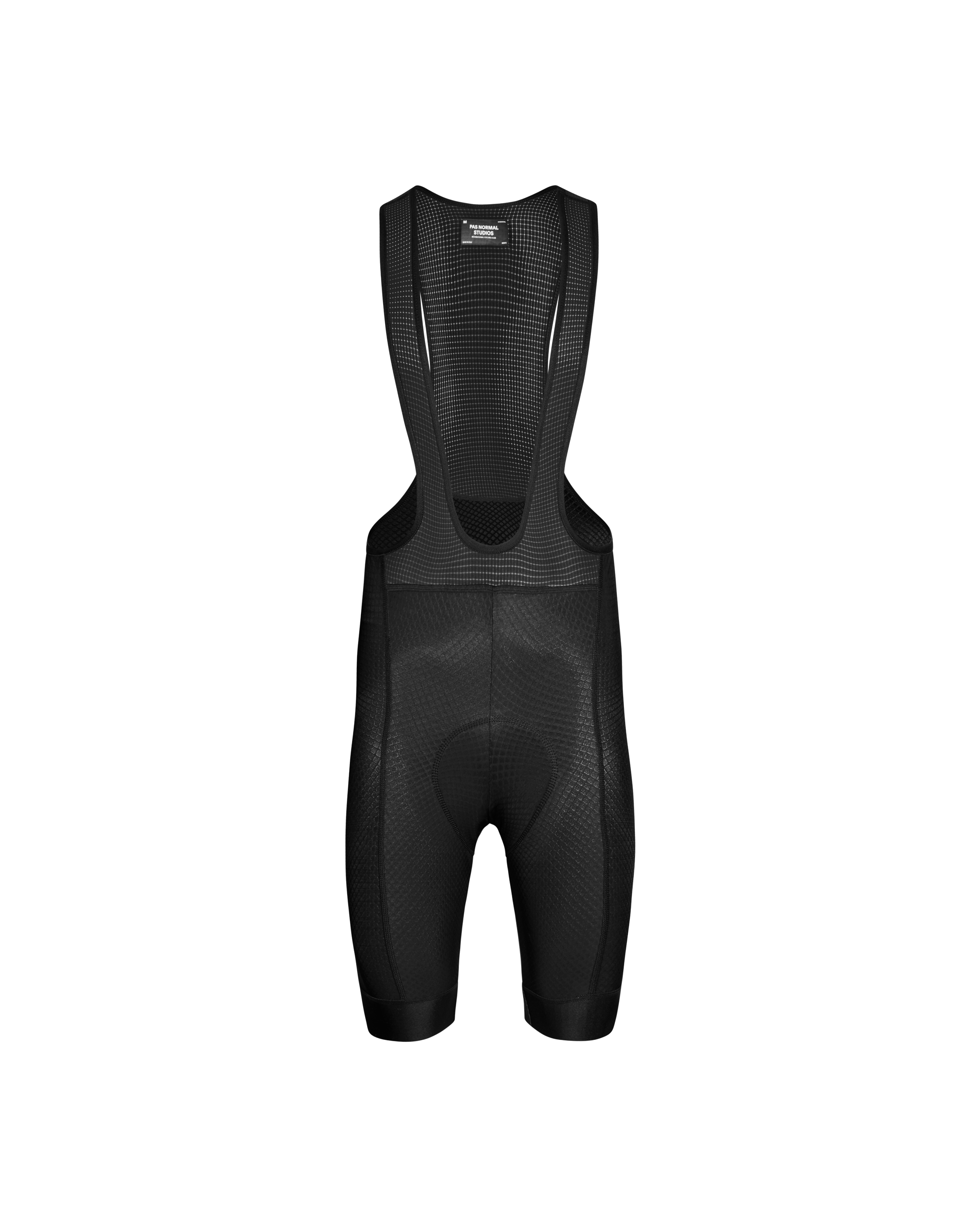 Black Essential cycling bibs, front flat lay with mesh bib panel