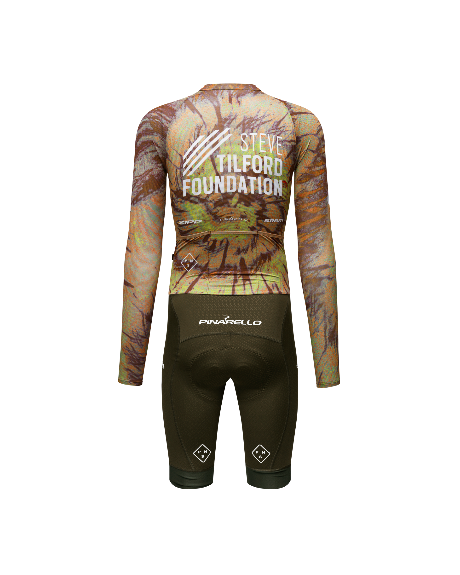 Beige STFR Mechanism long sleeve speedsuit, rear view with palm tree print and Steve Tilford Foundation logo