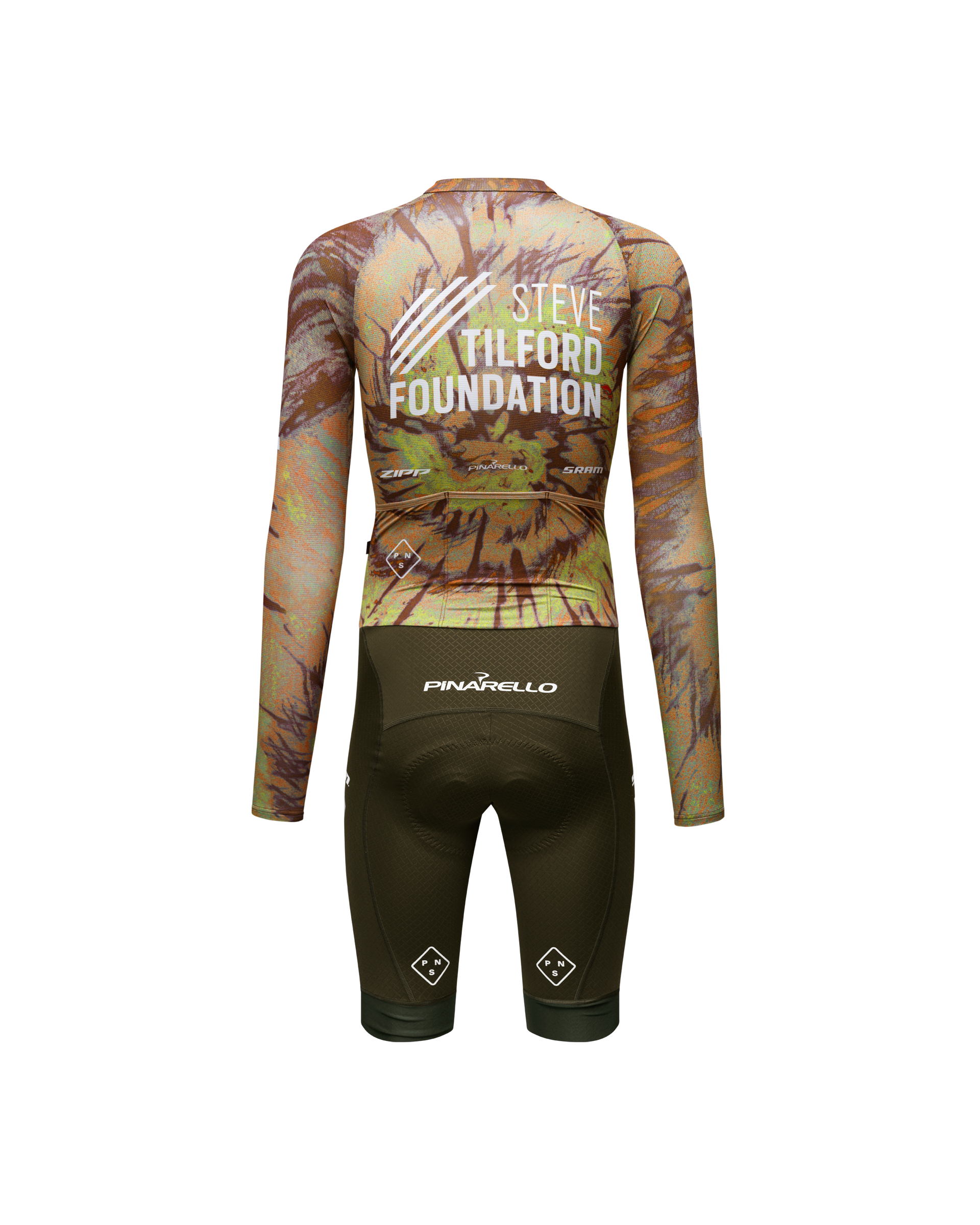 Beige STFR Mechanism long sleeve speedsuit, rear view with palm tree print and Steve Tilford Foundation logo