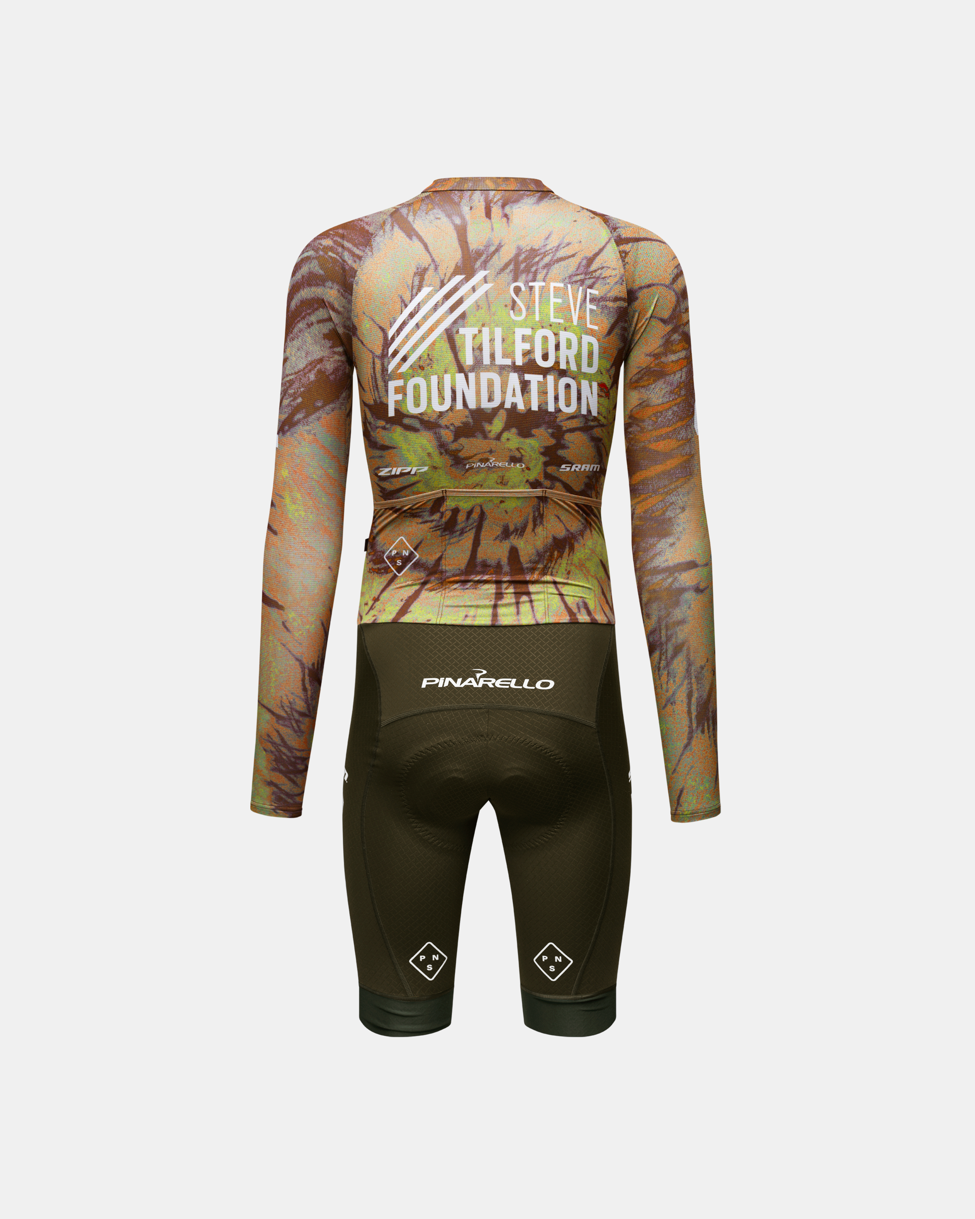 Beige STFR Mechanism long sleeve speedsuit, rear view with palm tree print and Steve Tilford Foundation logo