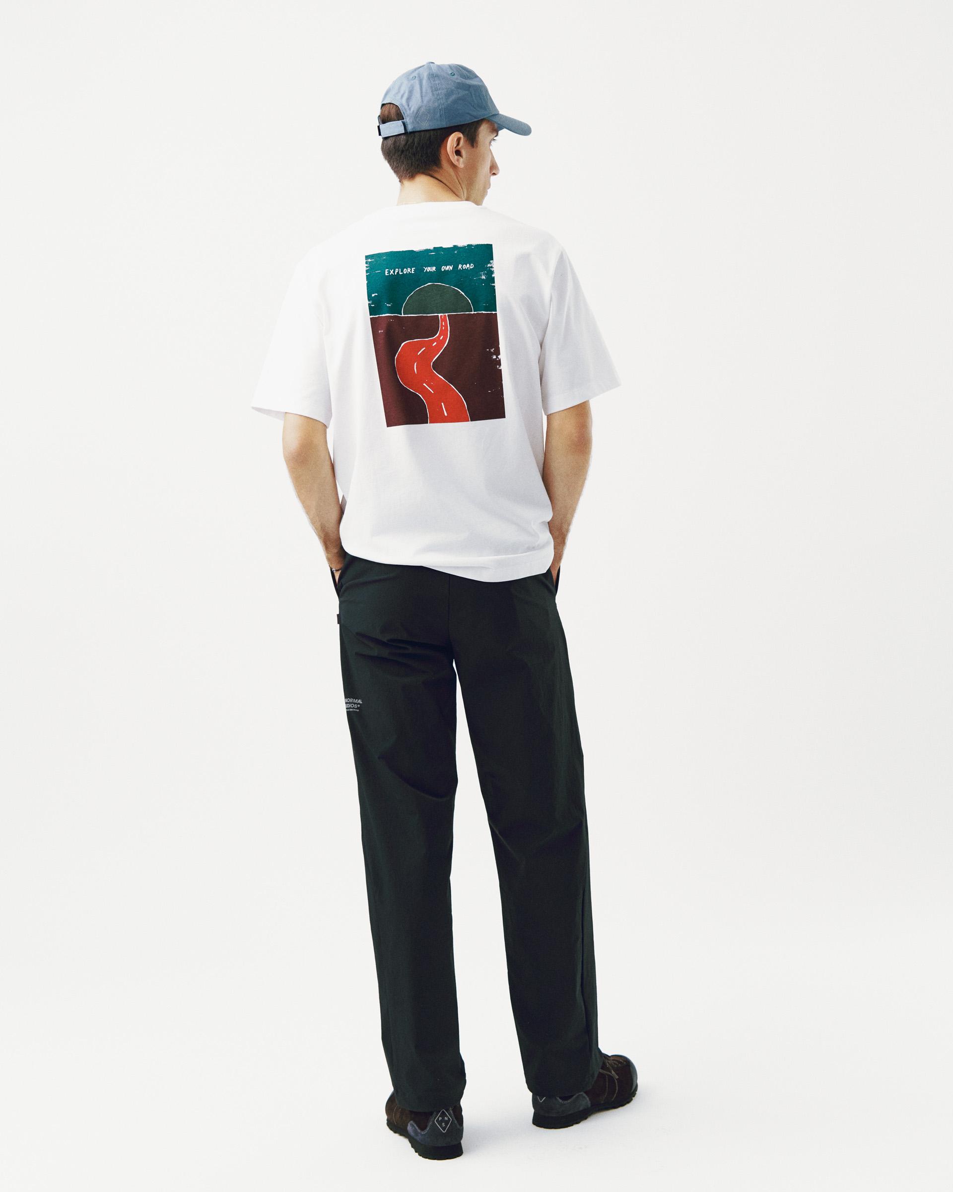 White Off-Race Graphic t-shirt on model, rear view with colorful graphic back print