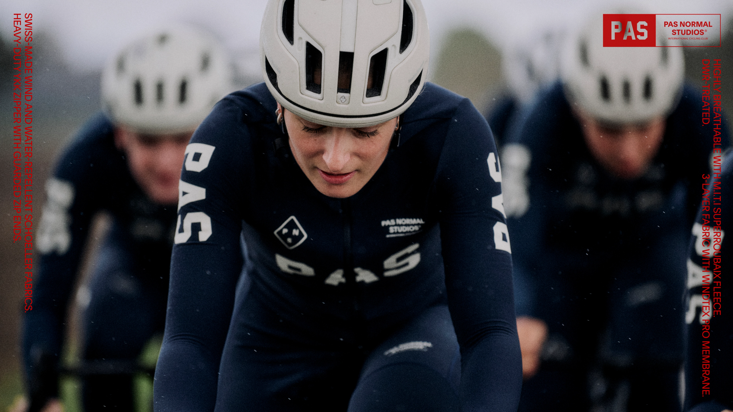 Navy PAS Deep Winter Long cycling bibs on model with white arm logos
