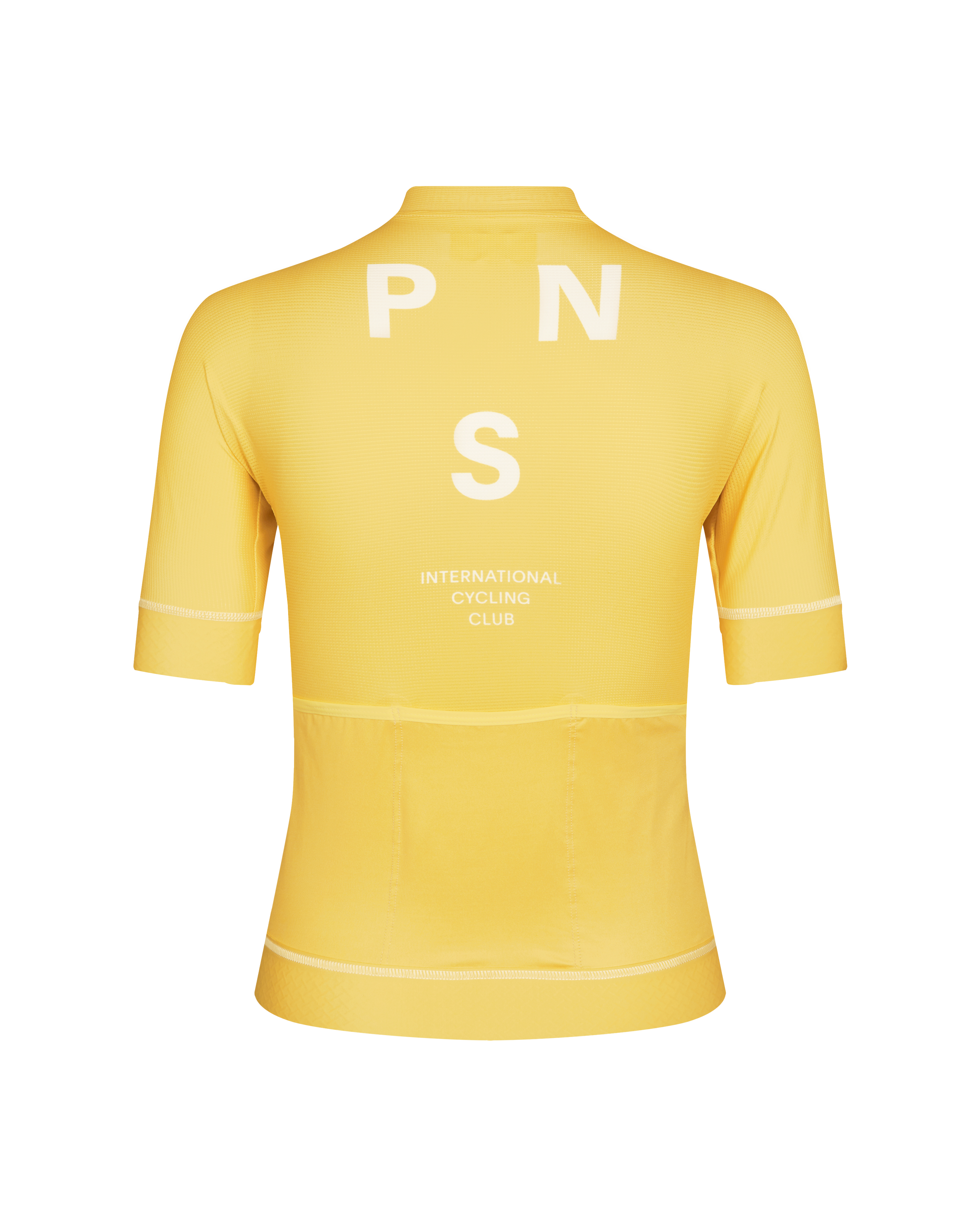 Yellow Mechanism cycling jersey, rear flat lay with white logo and contrast stitching
