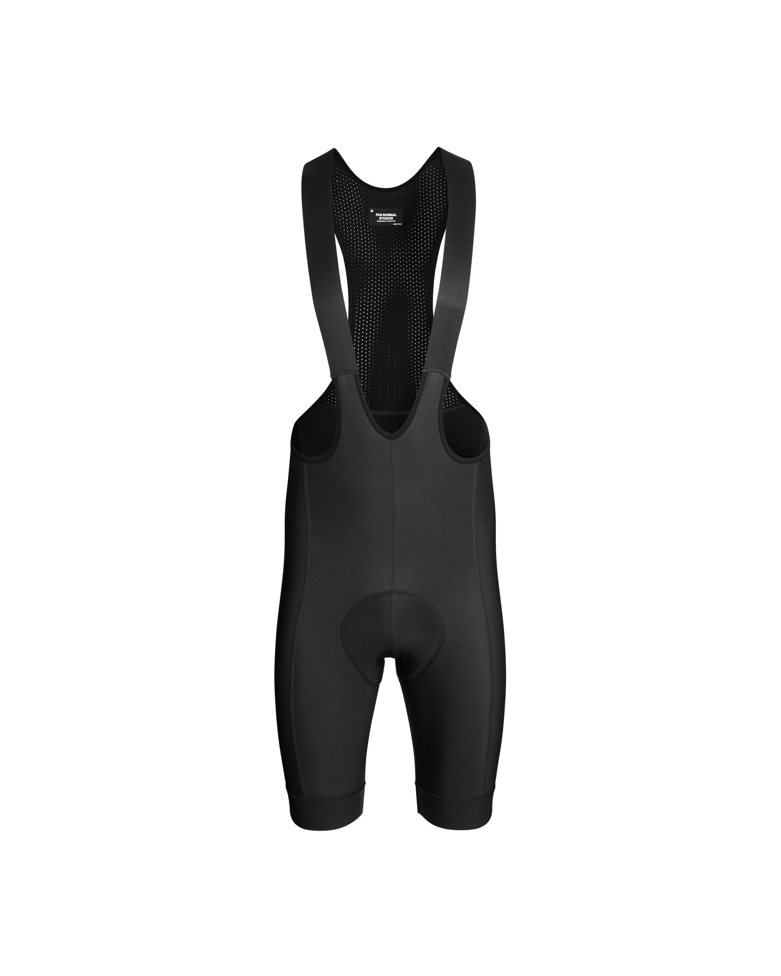 Black Essential cycling bibs, front flat lay with mesh back panel