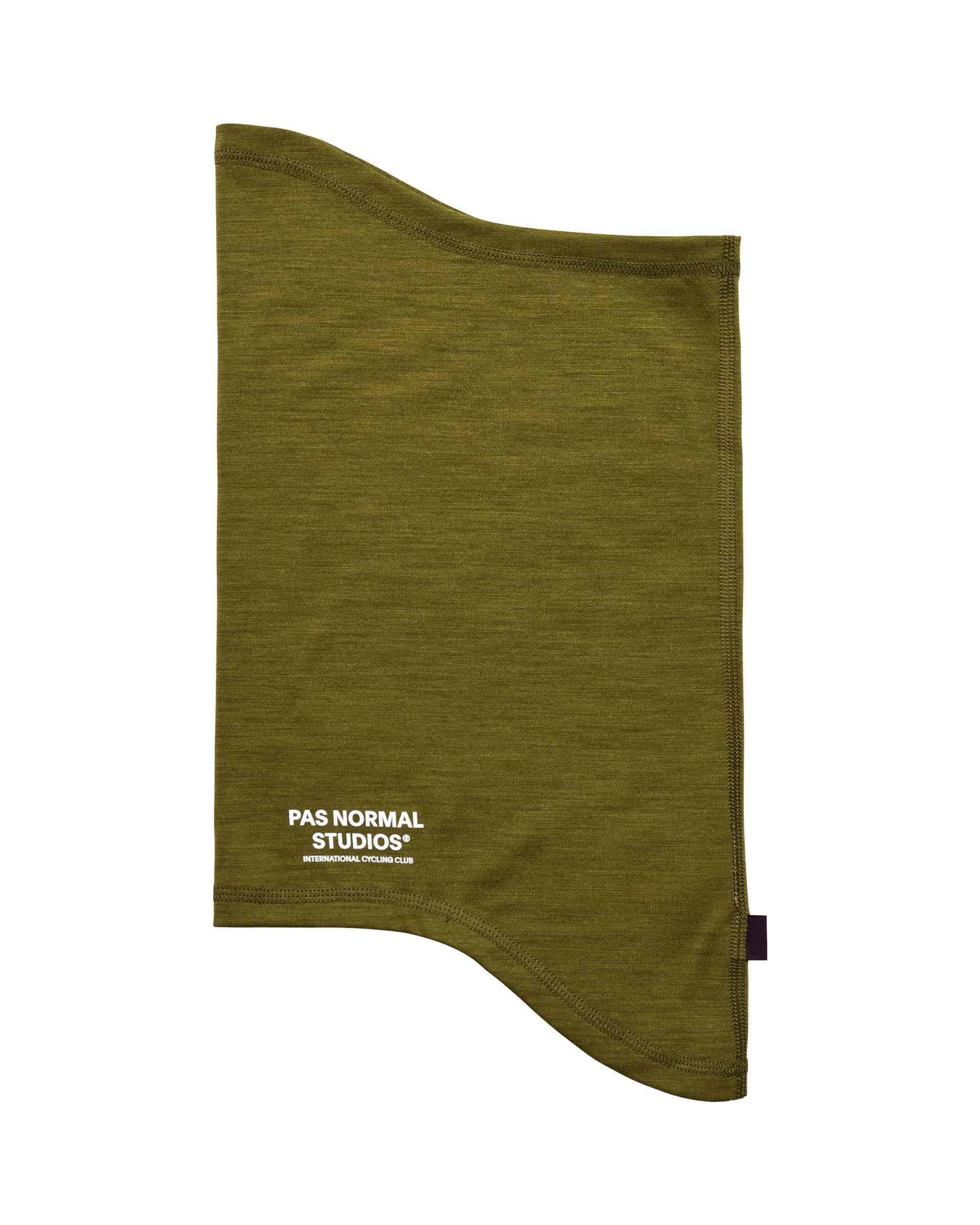 Khaki Green Logo Merino cycling necktube, flat lay with white chest logo print