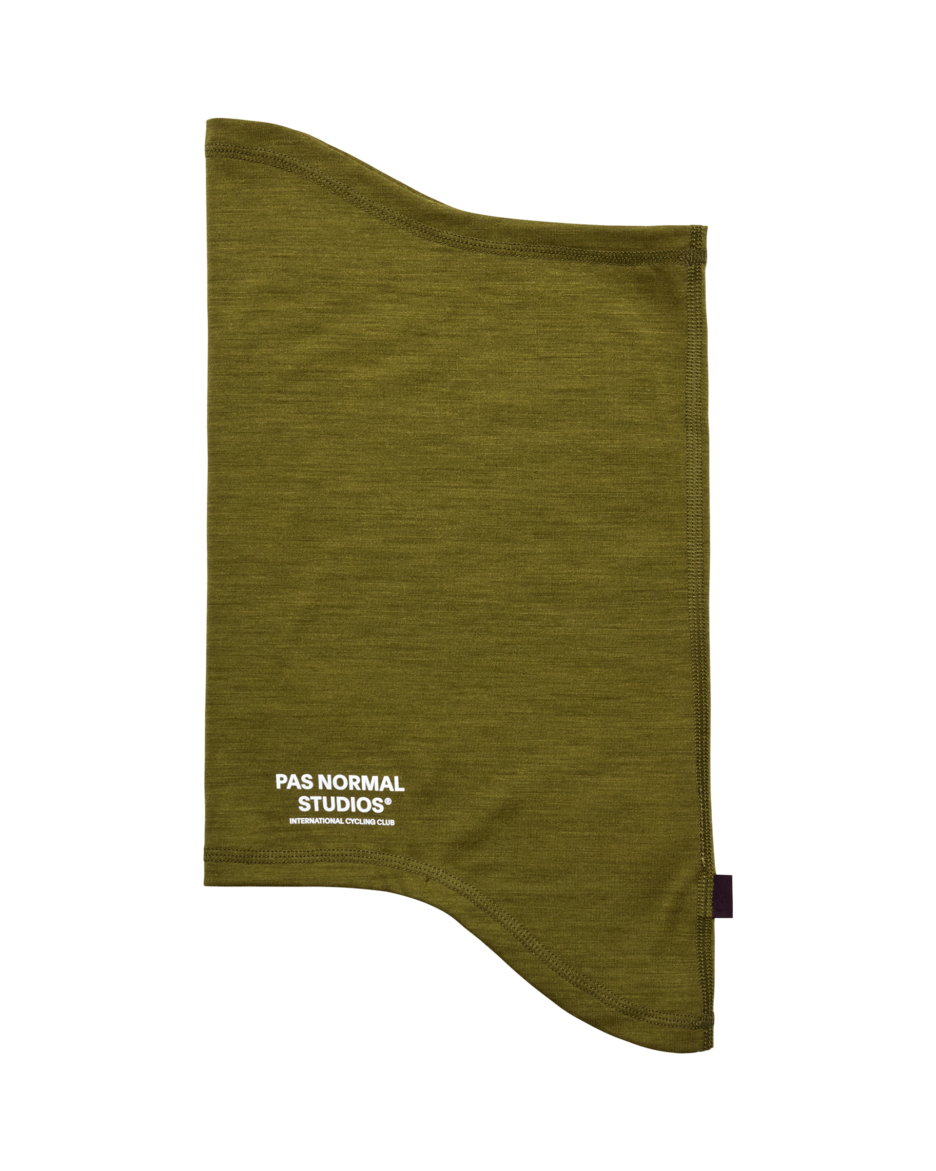 Khaki Green Logo Merino cycling necktube, flat lay with white chest logo print