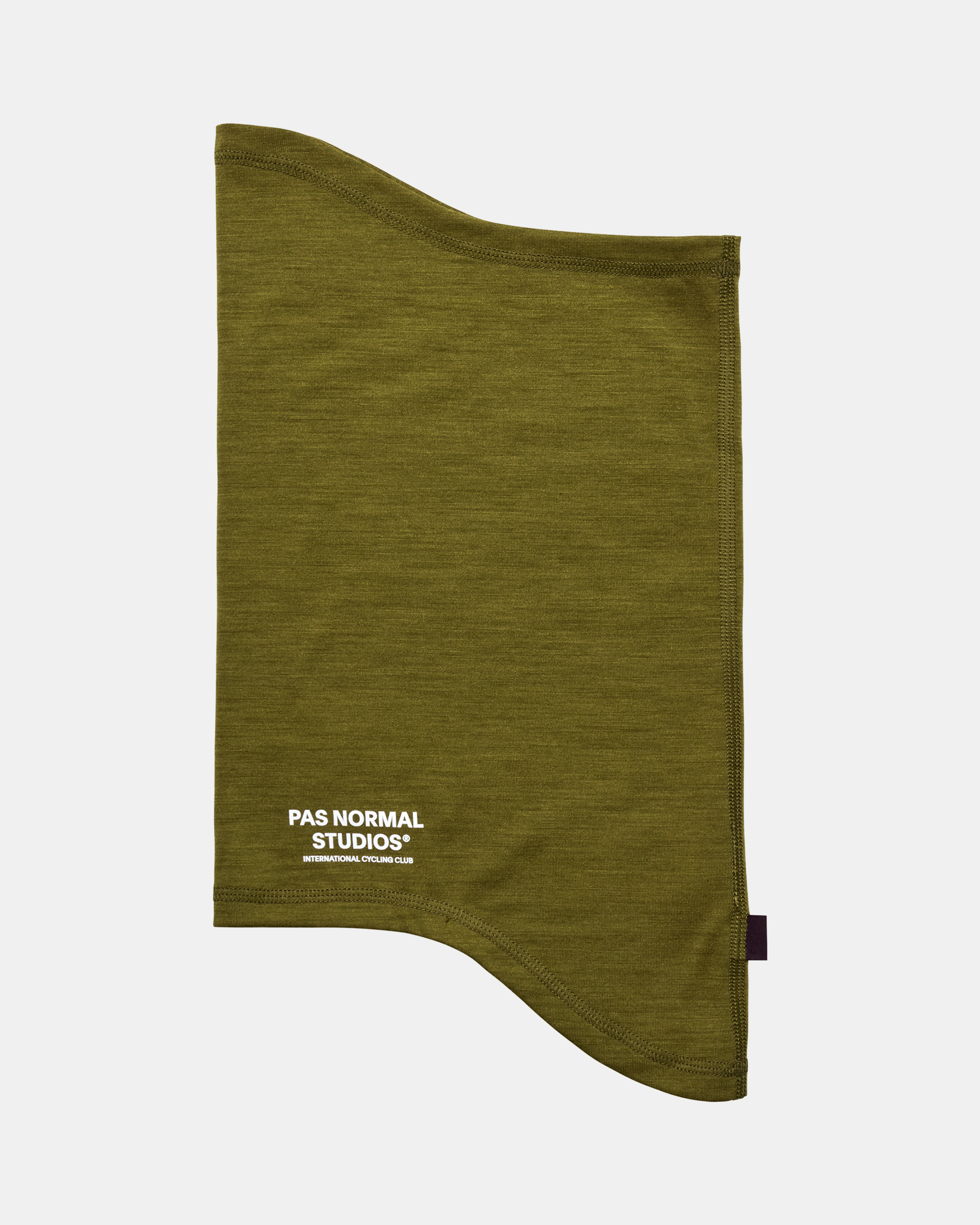 Khaki Green Logo Merino cycling necktube, flat lay with white chest logo print