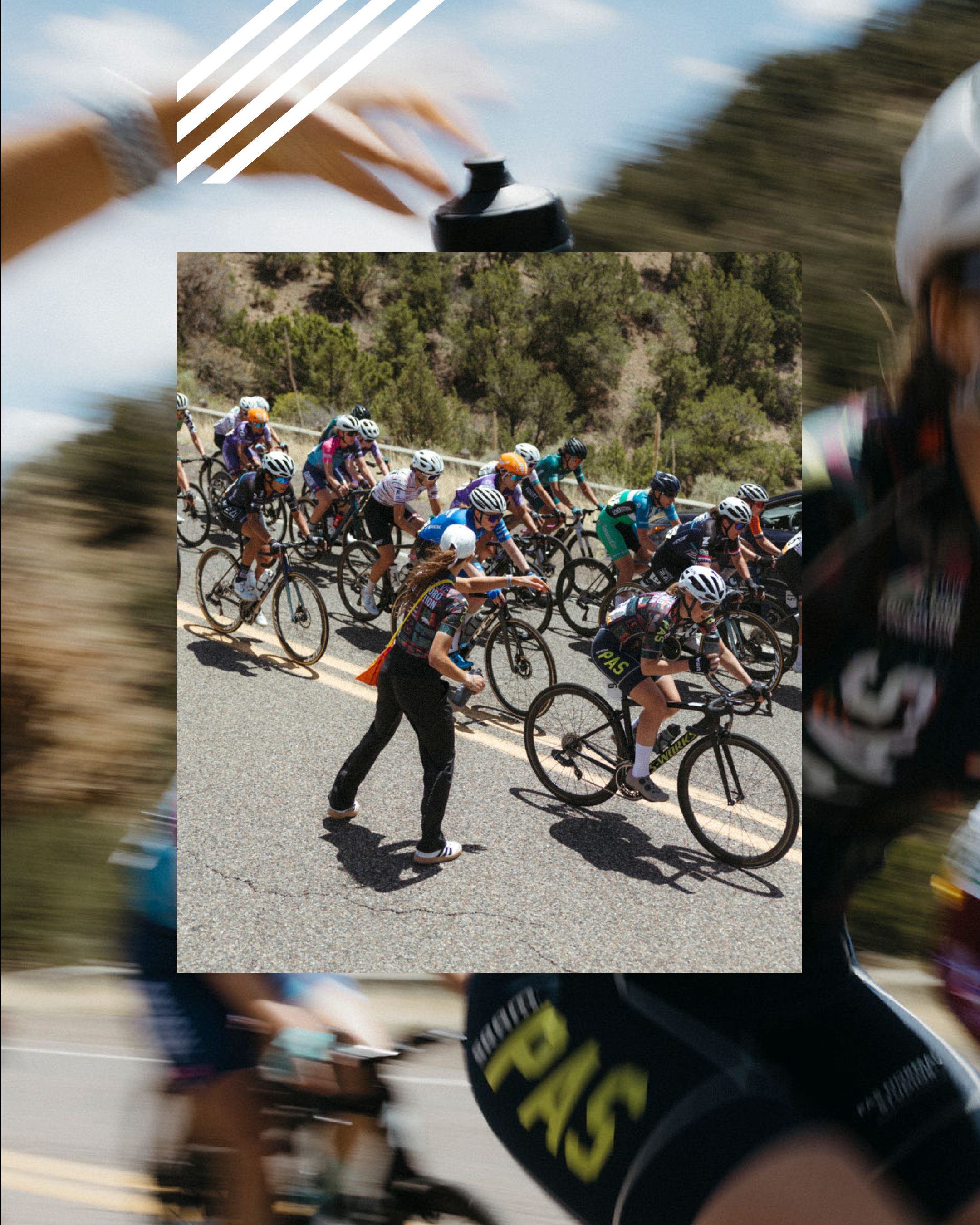 Professional cycling peloton racing through mountainous terrain during competitive road race