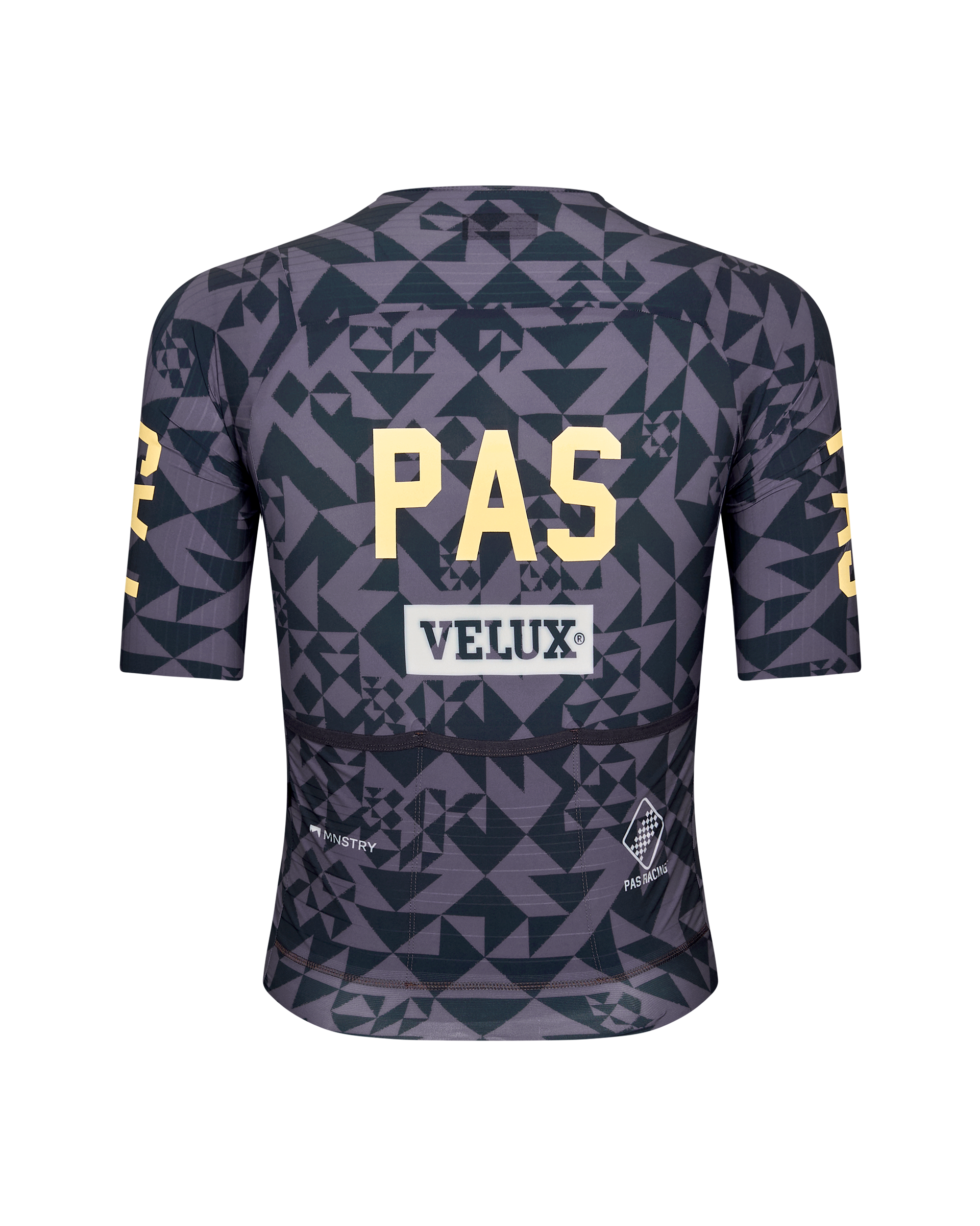 Origami Grey PAS Mechanism Pro cycling jersey, rear flat lay with geometric print and yellow back text