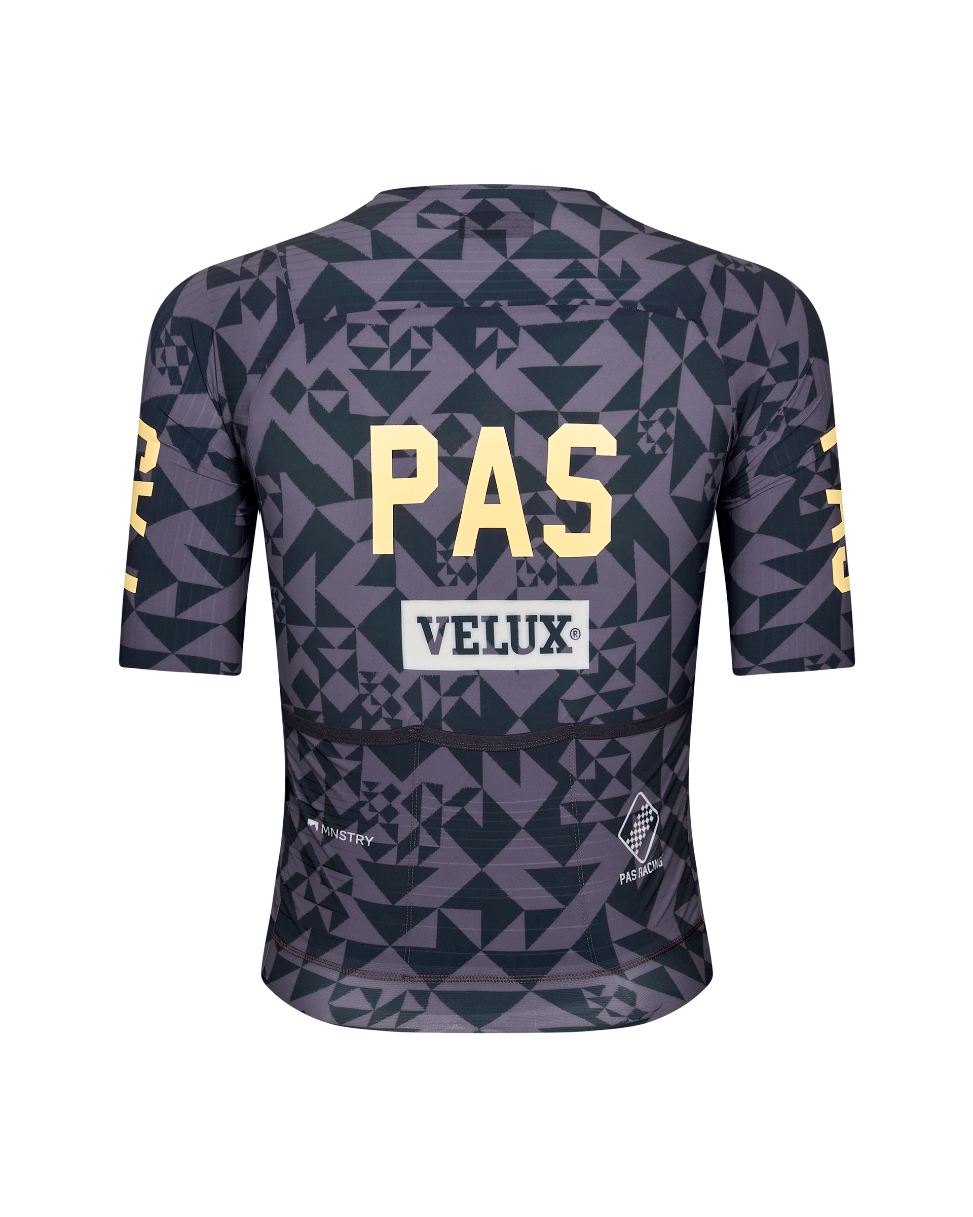 Origami Grey PAS Mechanism Pro cycling jersey, rear flat lay with geometric print and yellow back text
