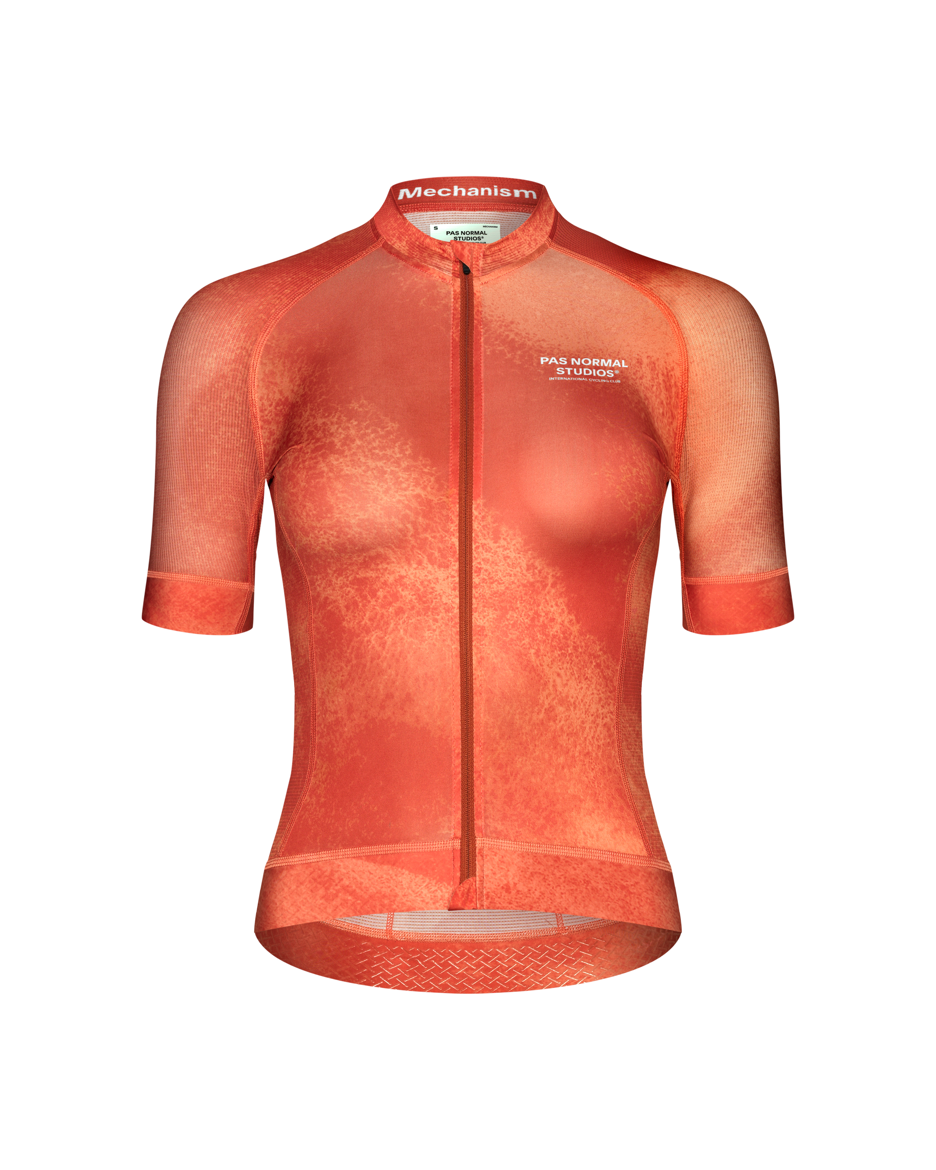 Orange Mechanism cycling jersey, front view with gradient print and white chest logo