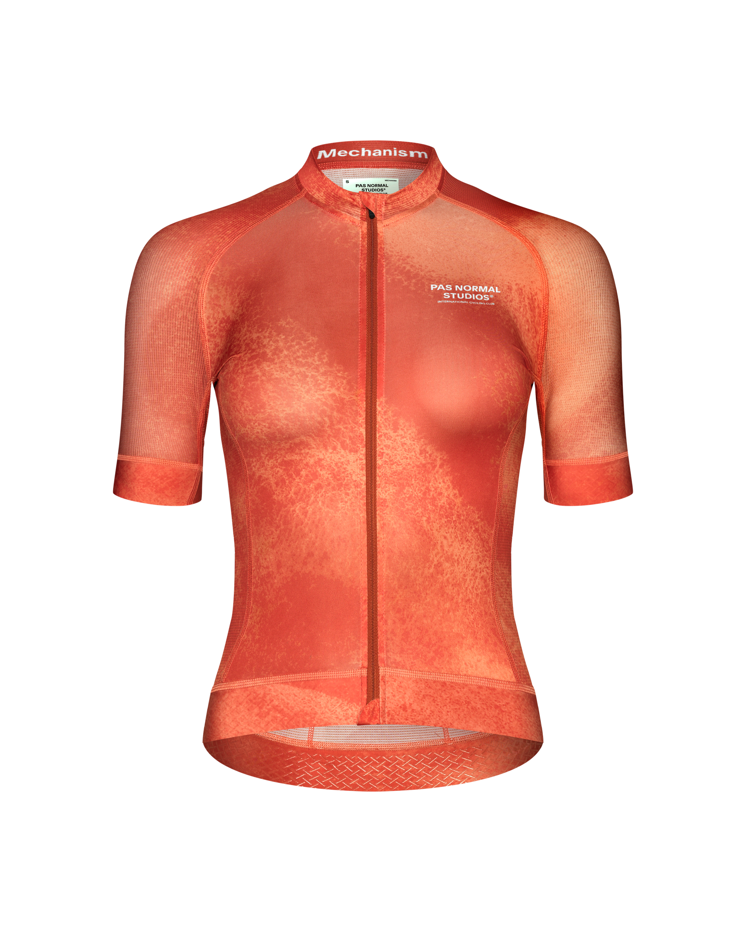 Orange Mechanism cycling jersey, front view with gradient print and white chest logo