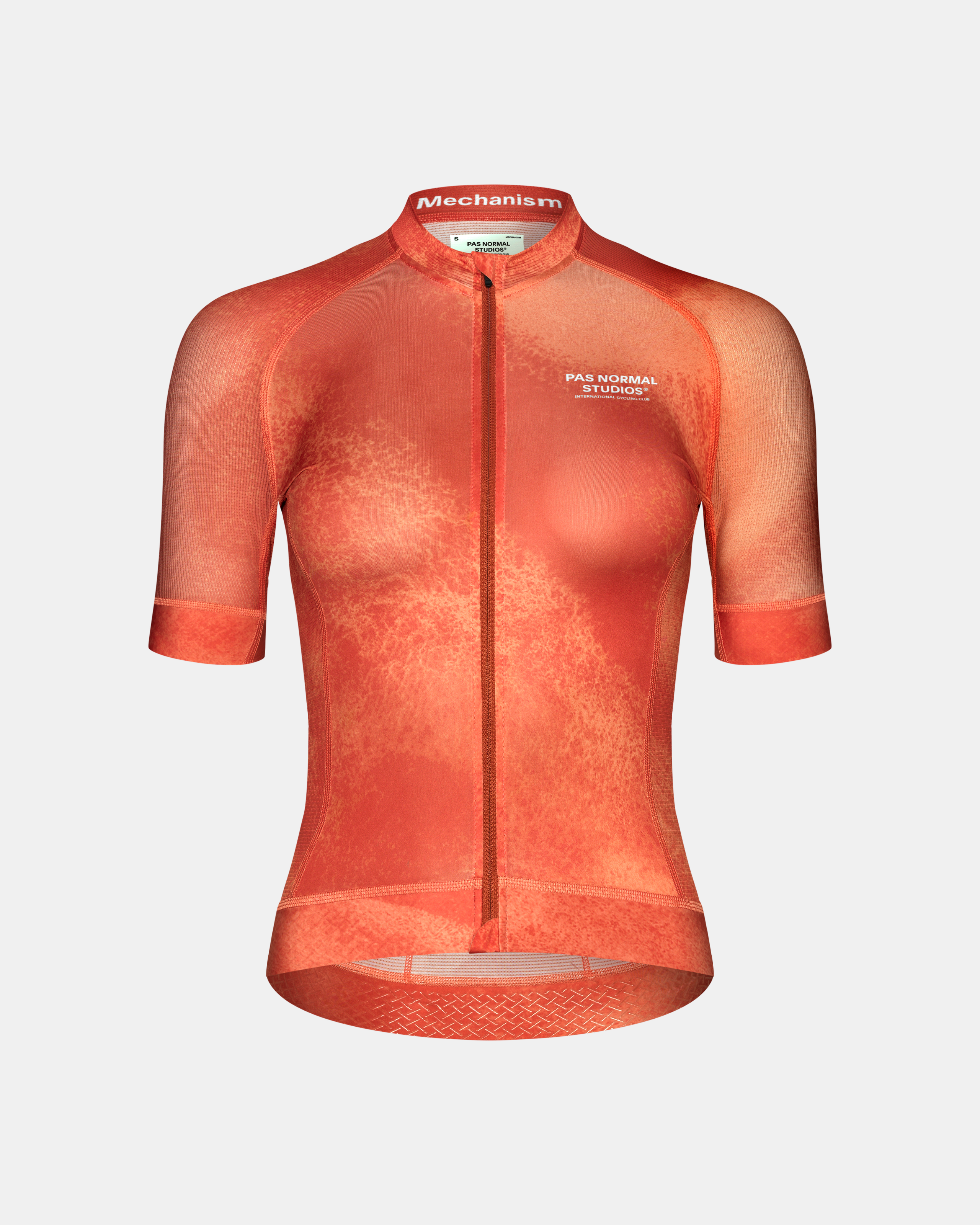 Orange Mechanism cycling jersey, front view with gradient print and white chest logo