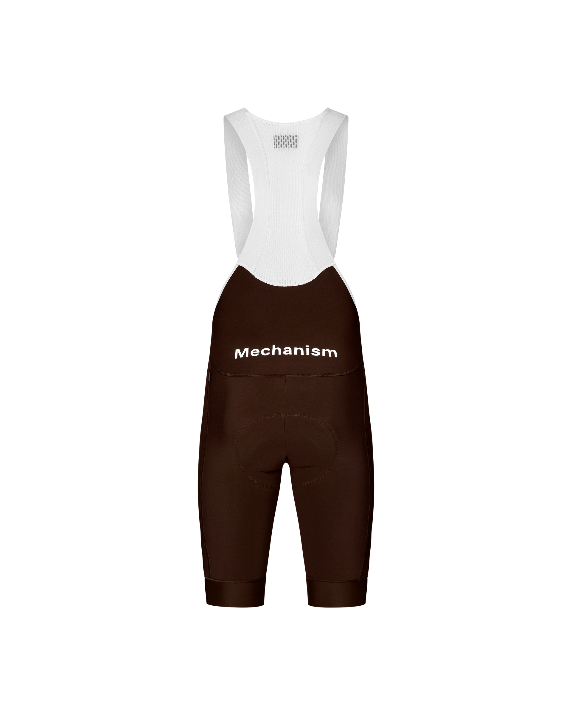 Dark Coffee Mechanism Thermal cycling bibs, front flat lay with white bib straps and white chest logo