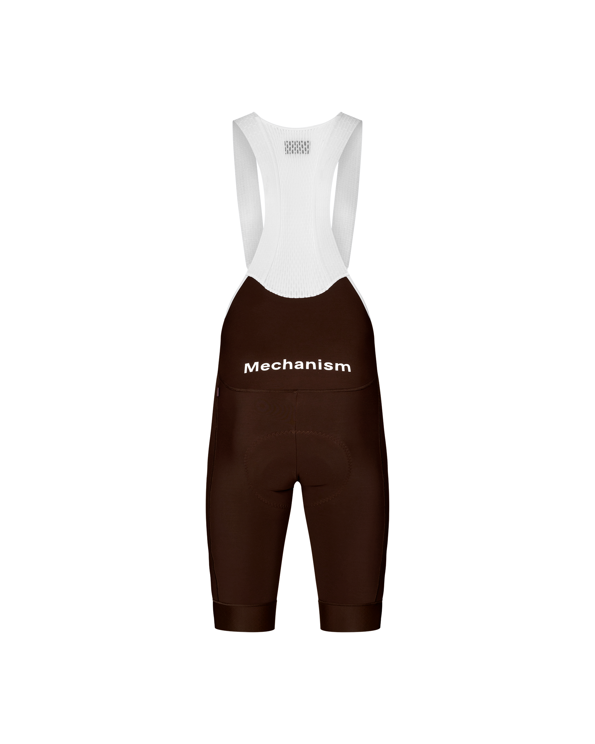 Dark Coffee Mechanism Thermal cycling bibs, front flat lay with white bib straps and white chest logo