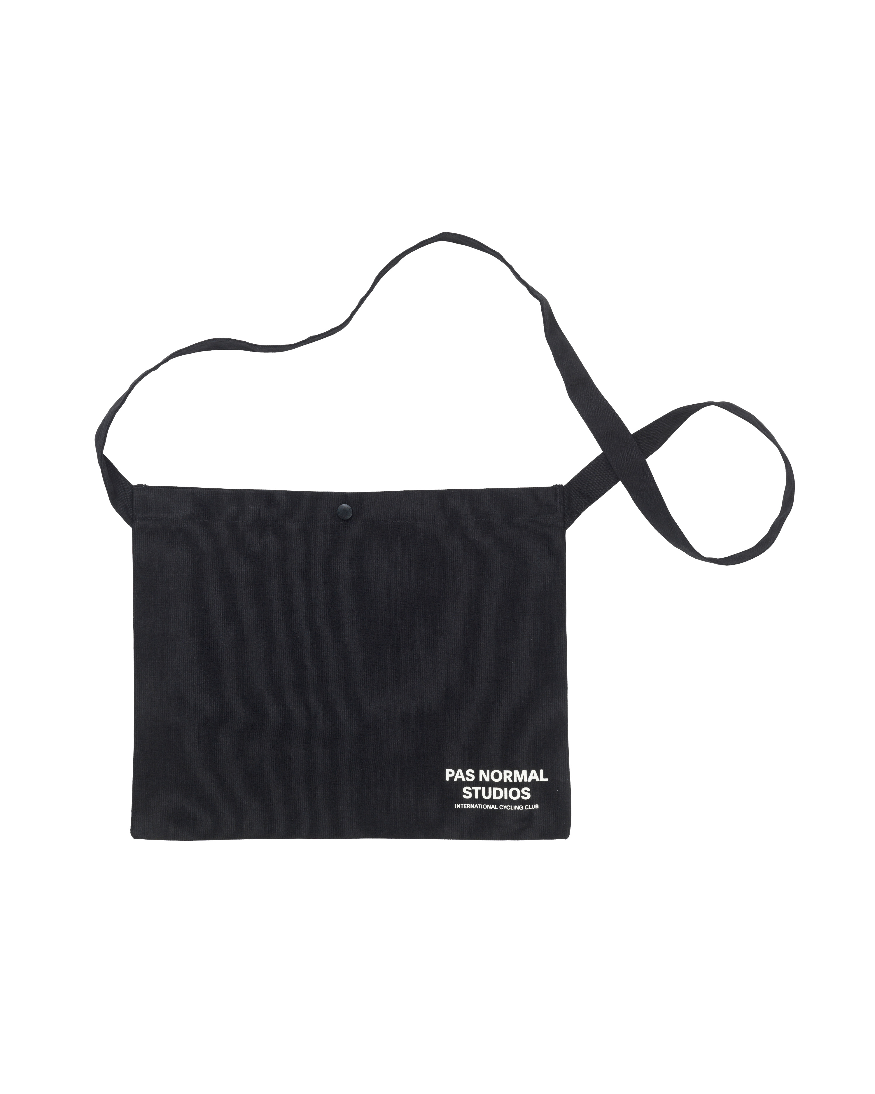 Black Off-Race musette, front flat lay with snap closure and white logo print