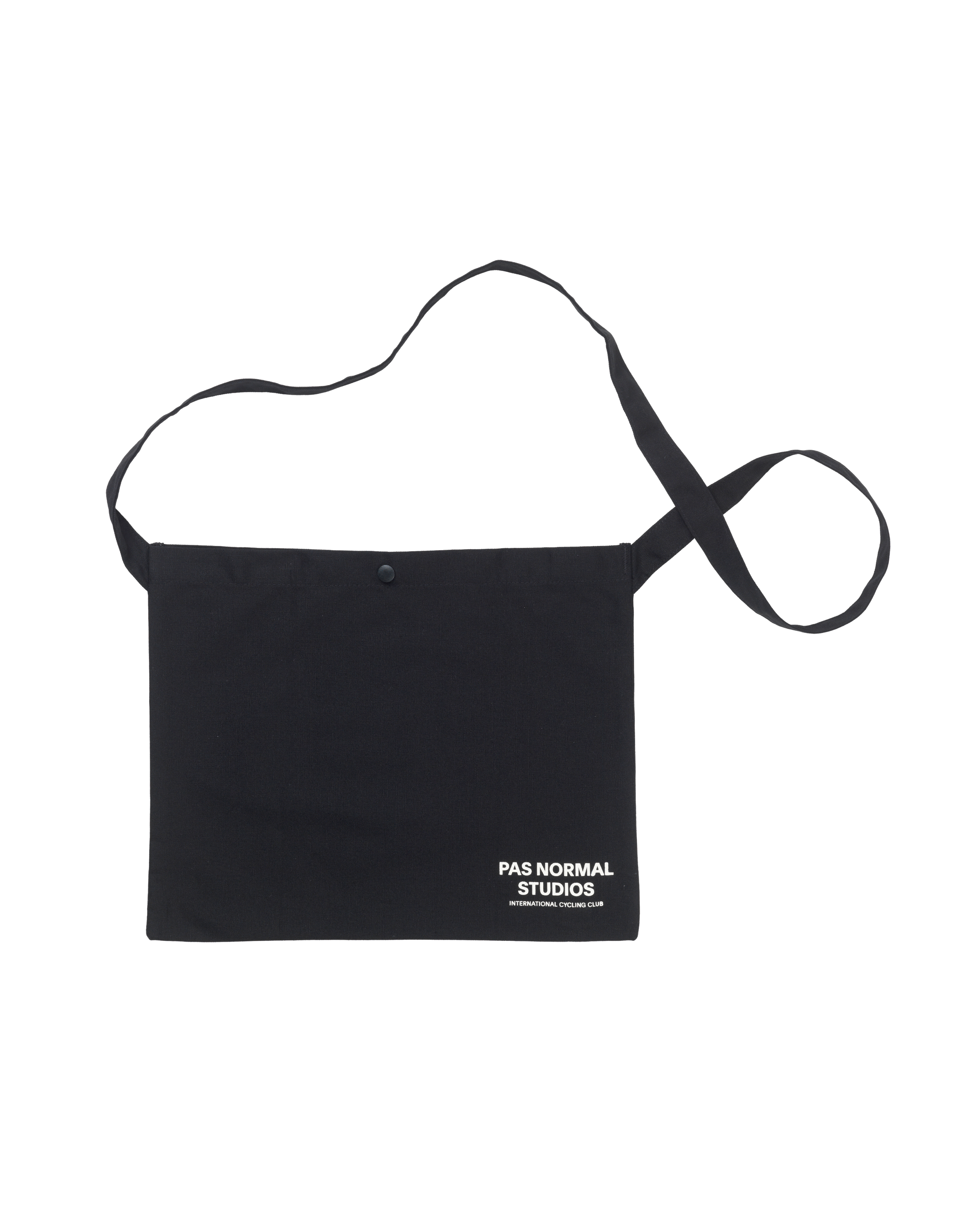 Black Off-Race musette, front flat lay with snap closure and white logo print